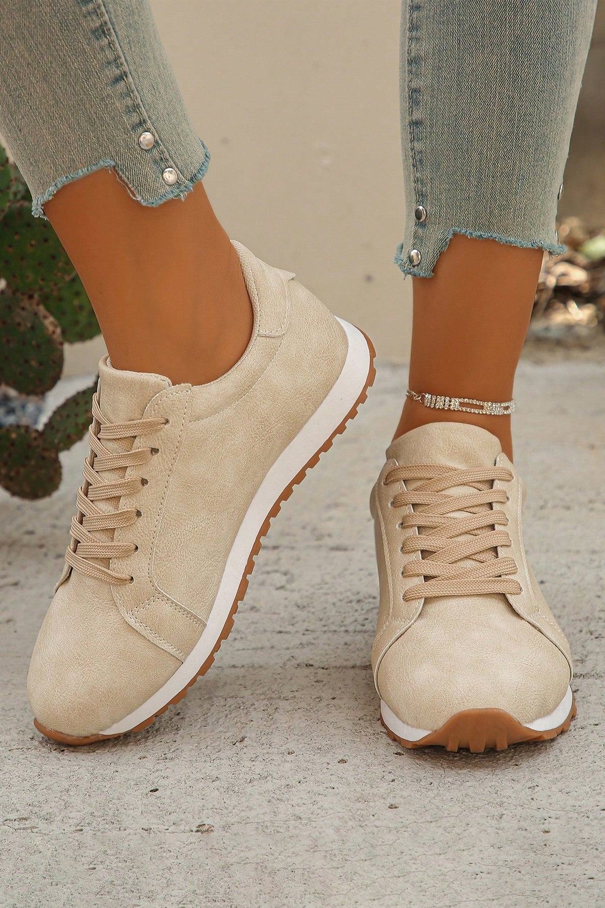 Beige Faux Suede Lace-up Sneakers