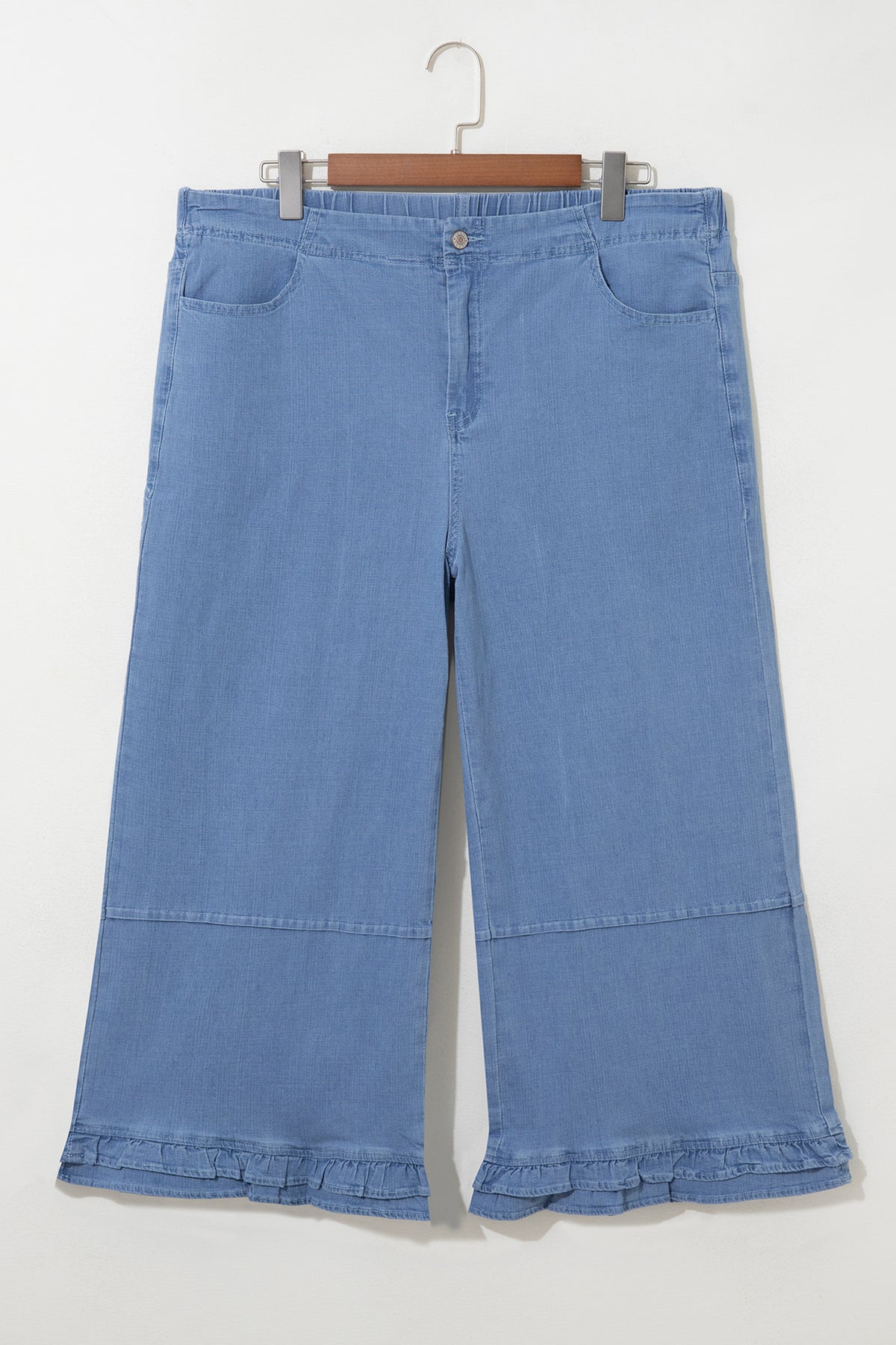 Light Blue Ruffle Hem Wide-Leg Full-Length Plus Size Jeans