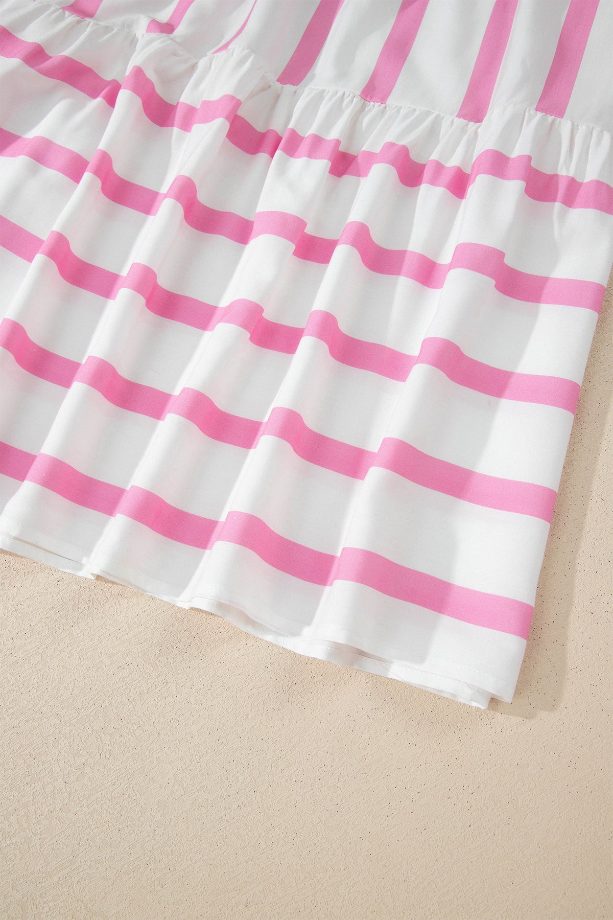 Pink Stripe Plus Size V-Neck Short Puff Sleeve Tiered Maxi Dress
