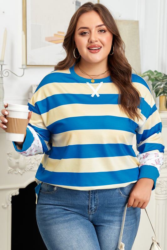 Blue Stripe Floral Color Block Plus Size Pullover Top