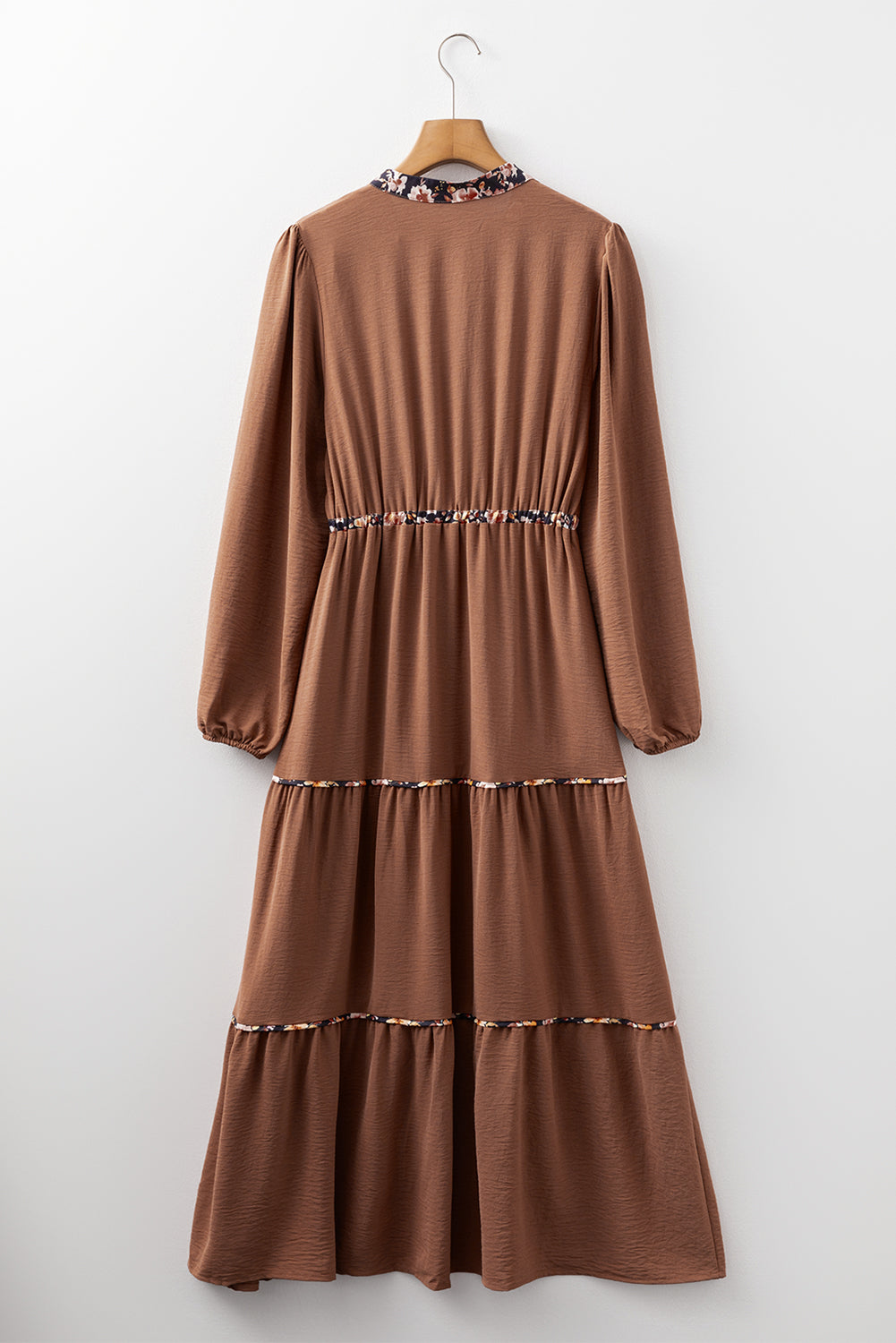 Chestnut Floral Patchwork Detail Notched Neck Long Sleeve Maxi Dress