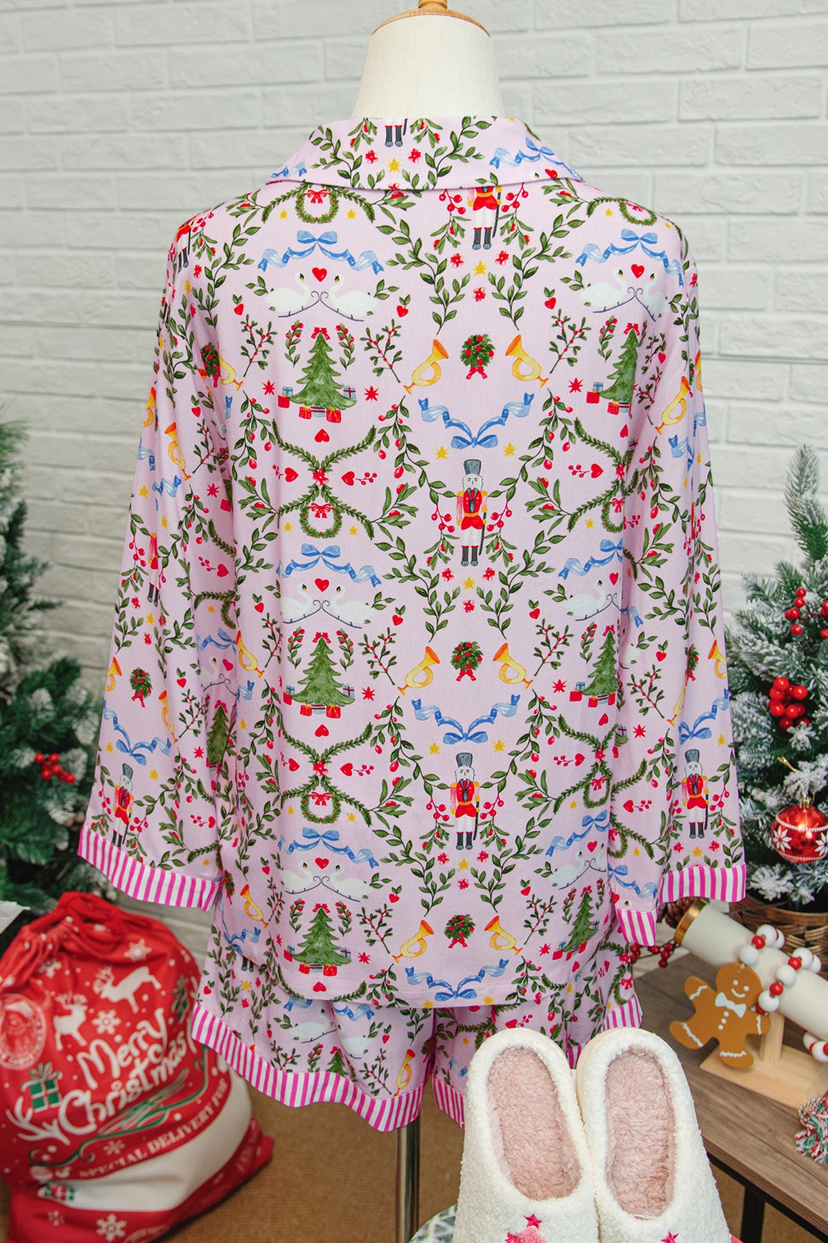 Pink Nutcracker Christmas Print Long Sleeve Shorts Pajama Set