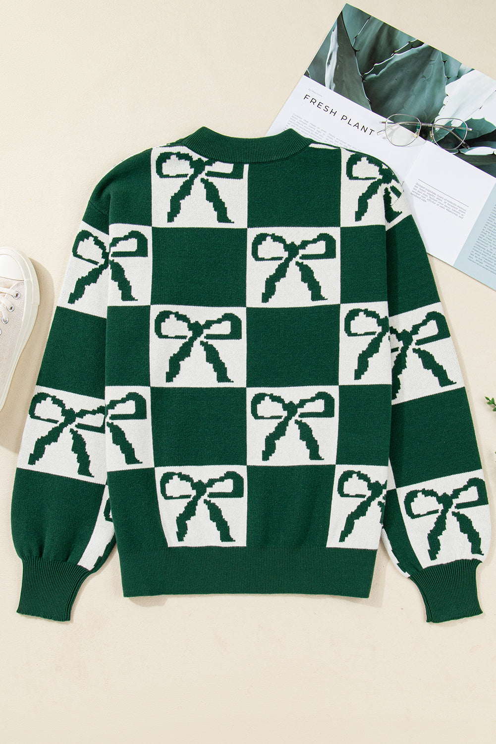 Blackish Green Checkered Bow Print Casual Sweater