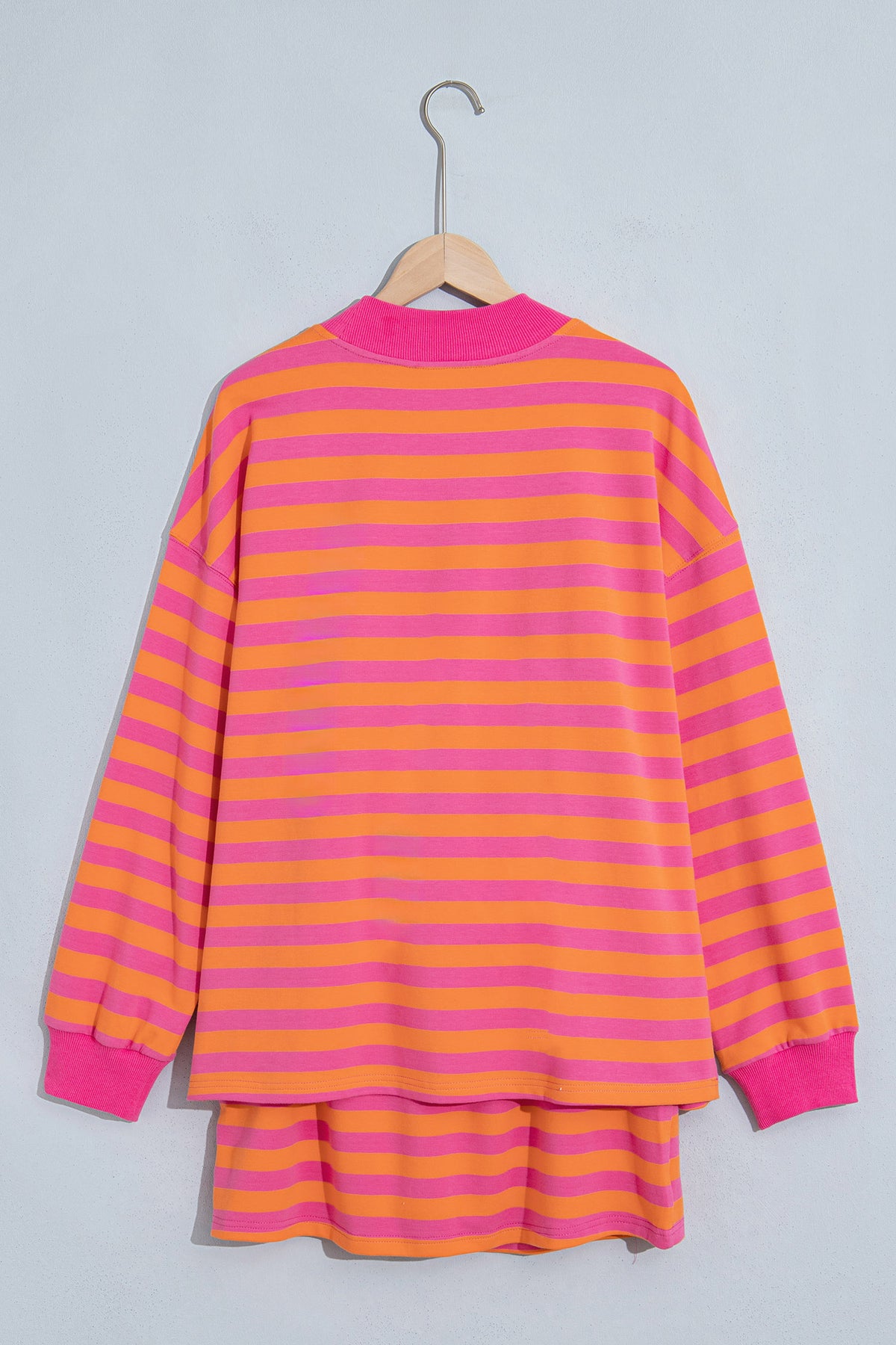 Women's Orange Stripe Color Block Patchwork Mock Neck Pullover Drawstring Mini Skort Set