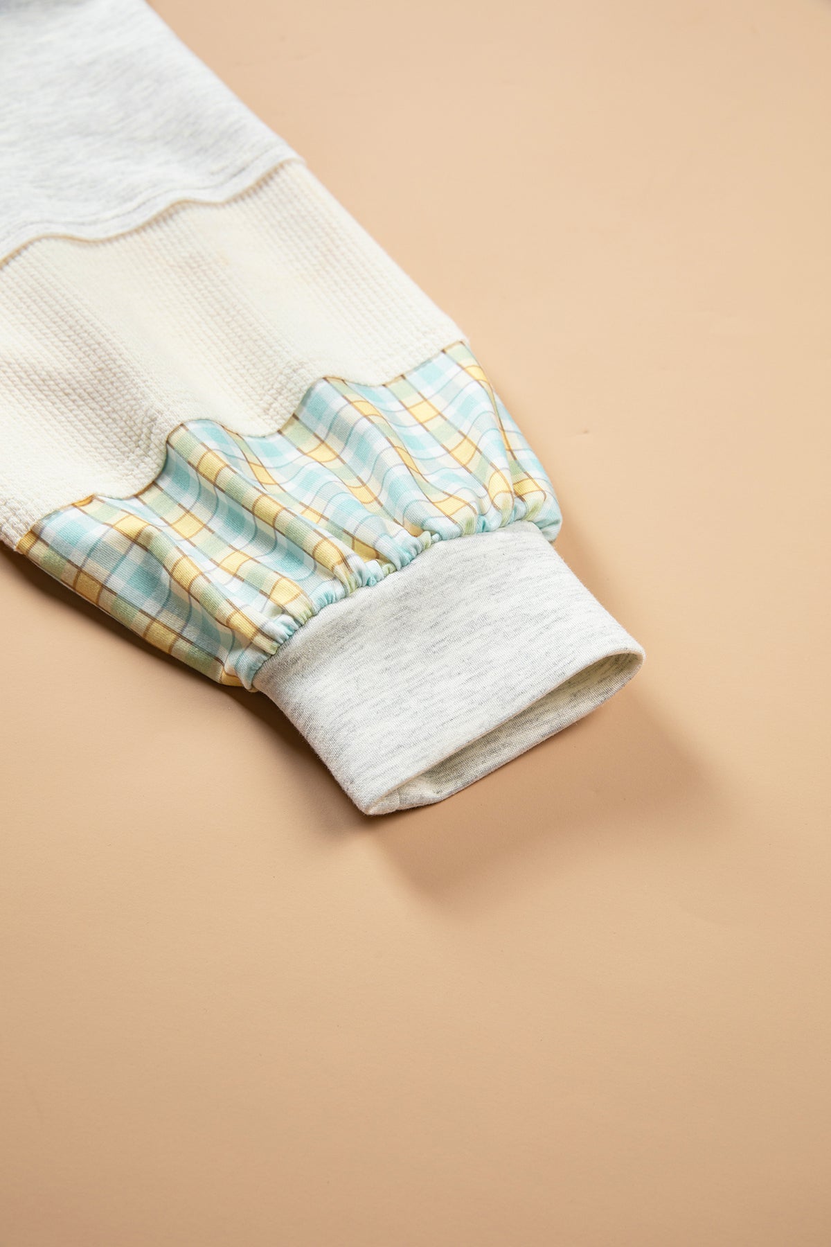 Light Blue Plaid Patchwork Round Neck Top