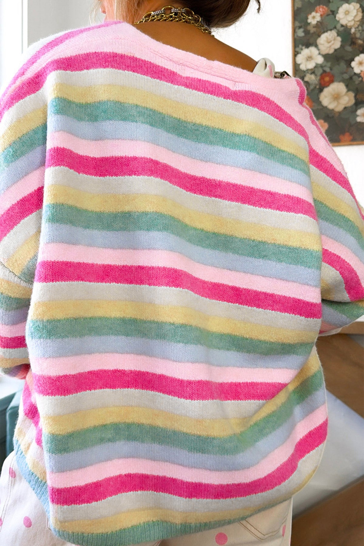 Multicolour Striped Knit Open Front Sweater Cardigan