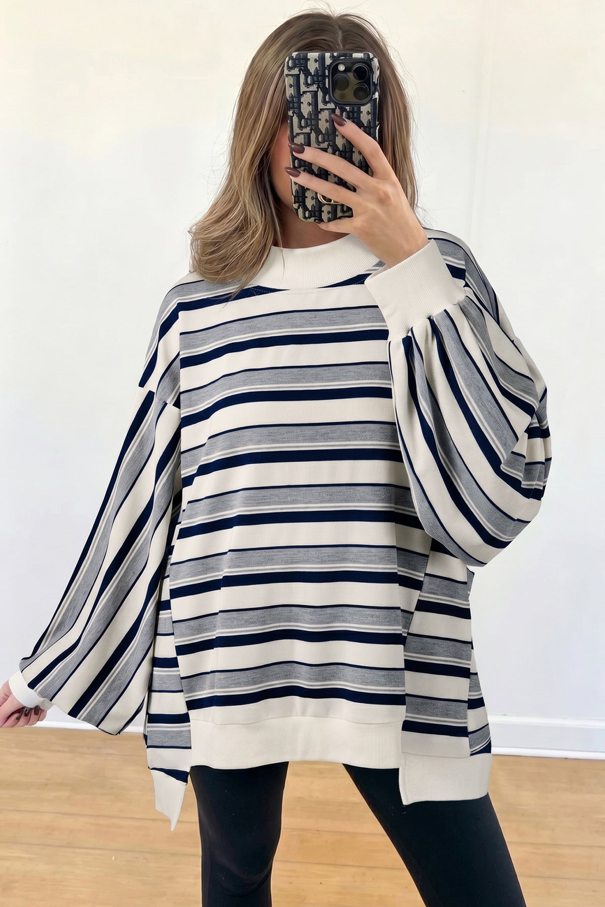 Blue Stripe Striped Ribbed Stand Neck Shift Sweatshirt