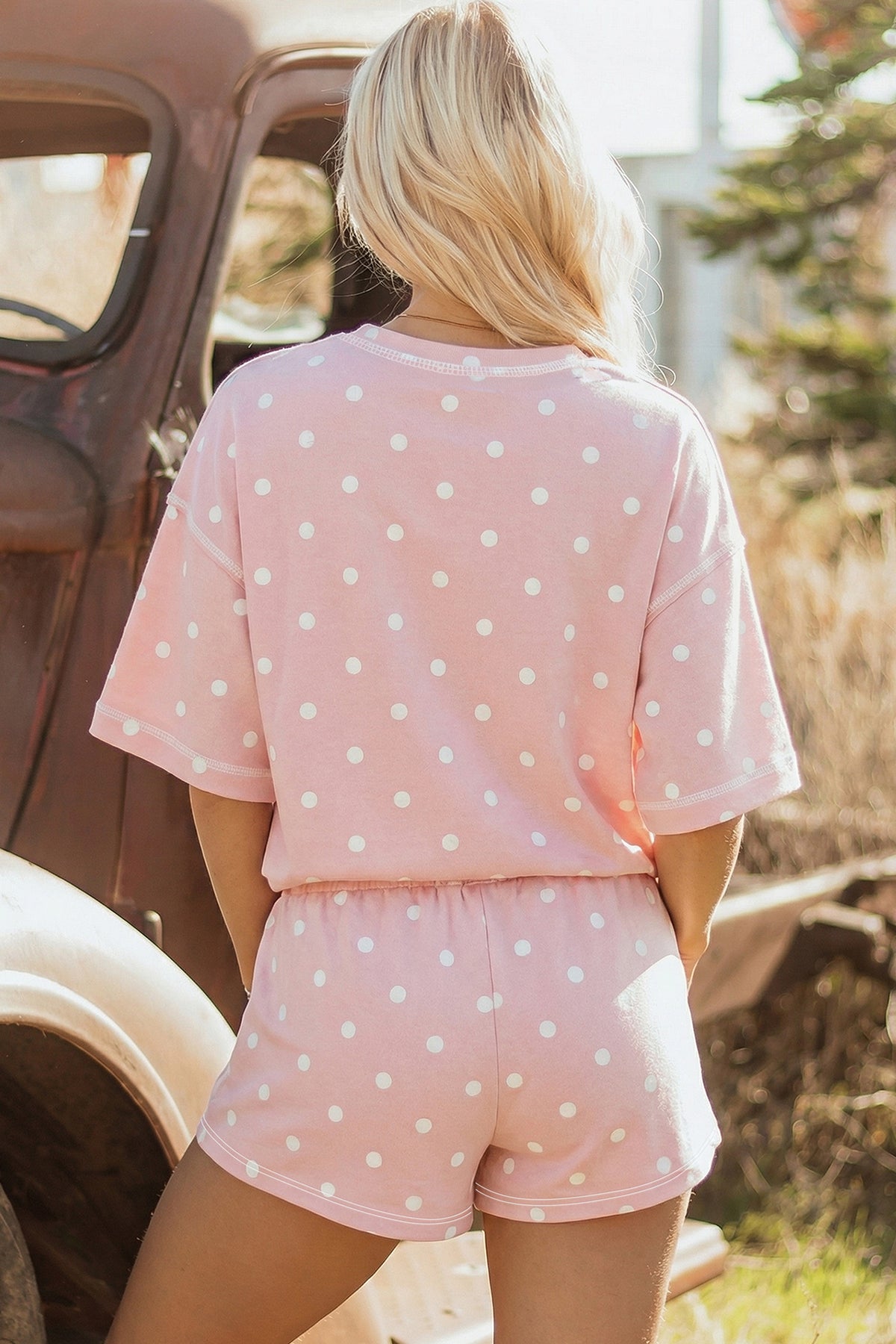Women's Pink Polka Dot Short-Sleeve Loose Top Drawstring Shorts Set