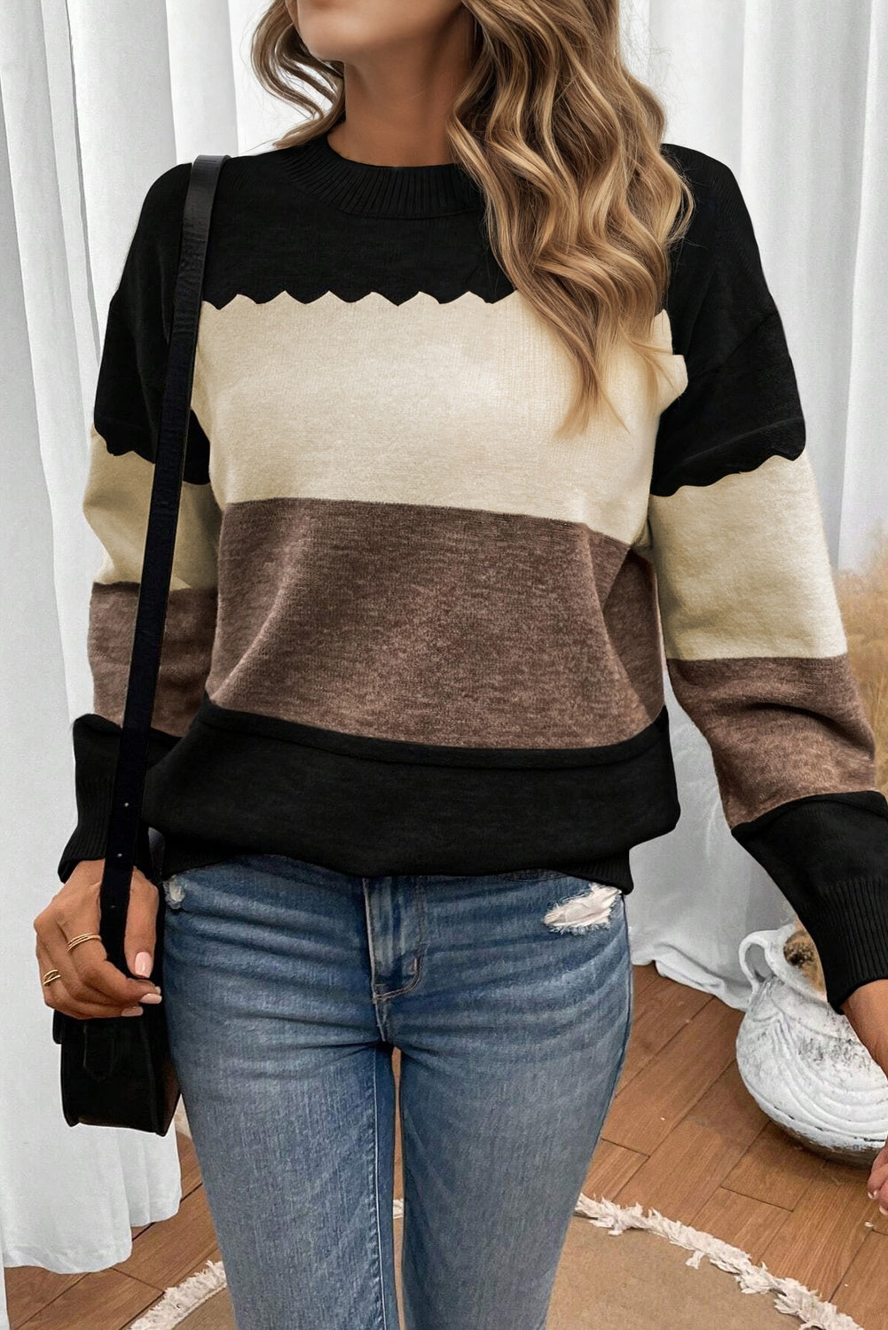 Black Colorblock Crew Neck Drop Shoulder Sweater
