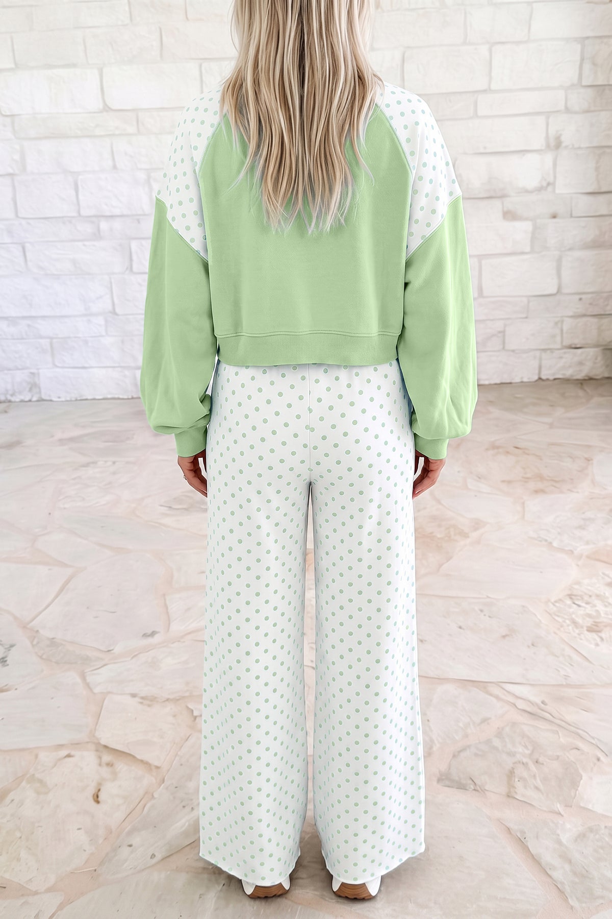 Women's Green Polka Dot Patchwork Colorblock Long-Sleeve Casual Two-Piece Pants Set