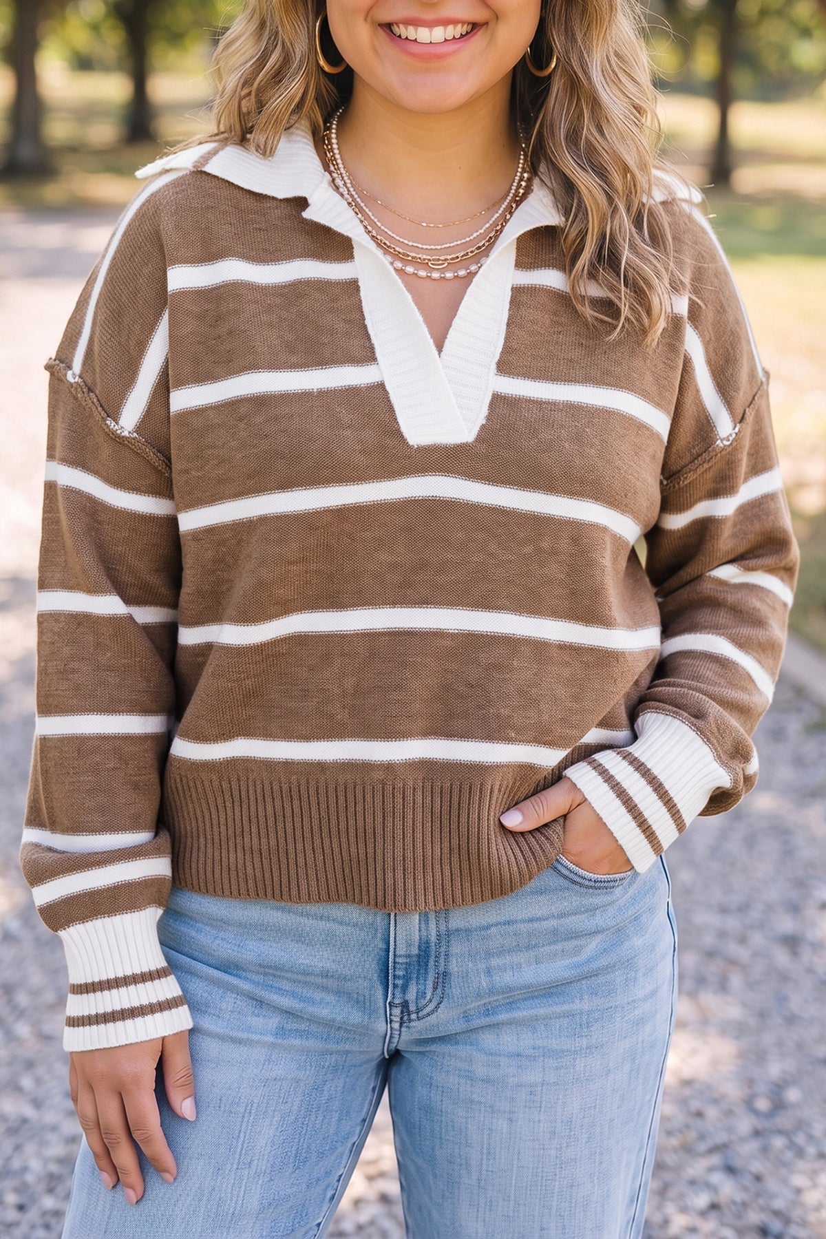 Brown Stripe Striped V Neck Long Sleeve Plus Size Sweater
