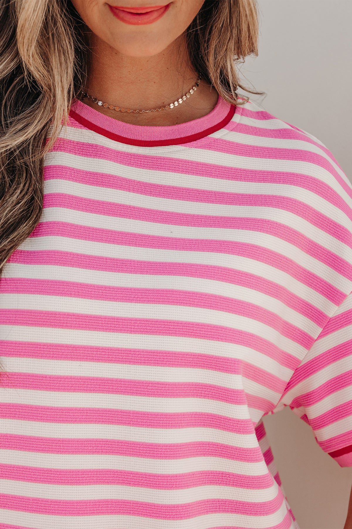 Women's Pink Stripe Contrast Trim Short-Sleeve Top Shorts Two-Piece Outfit Set