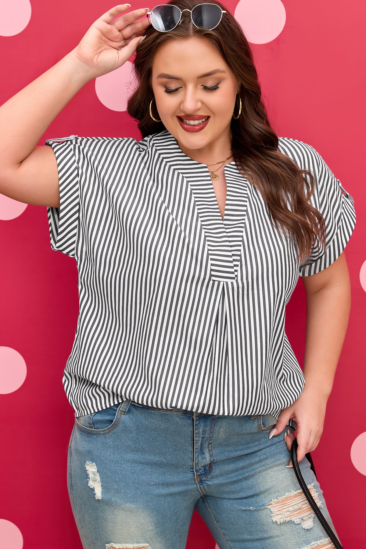 Black Stripe Plus Size V-Neck Roll-tab Short Dolman Sleeve Blouse