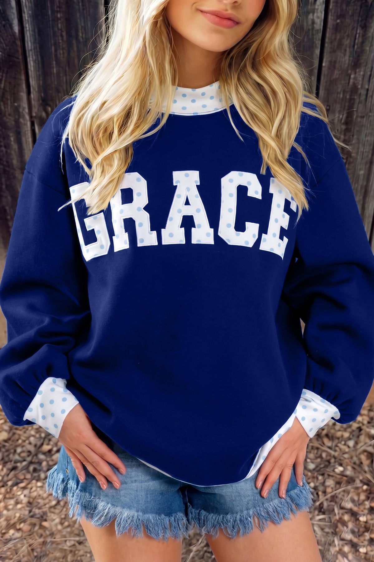 Dirty blue Polka Dot Trim High Neck GRACE Sweatshirt