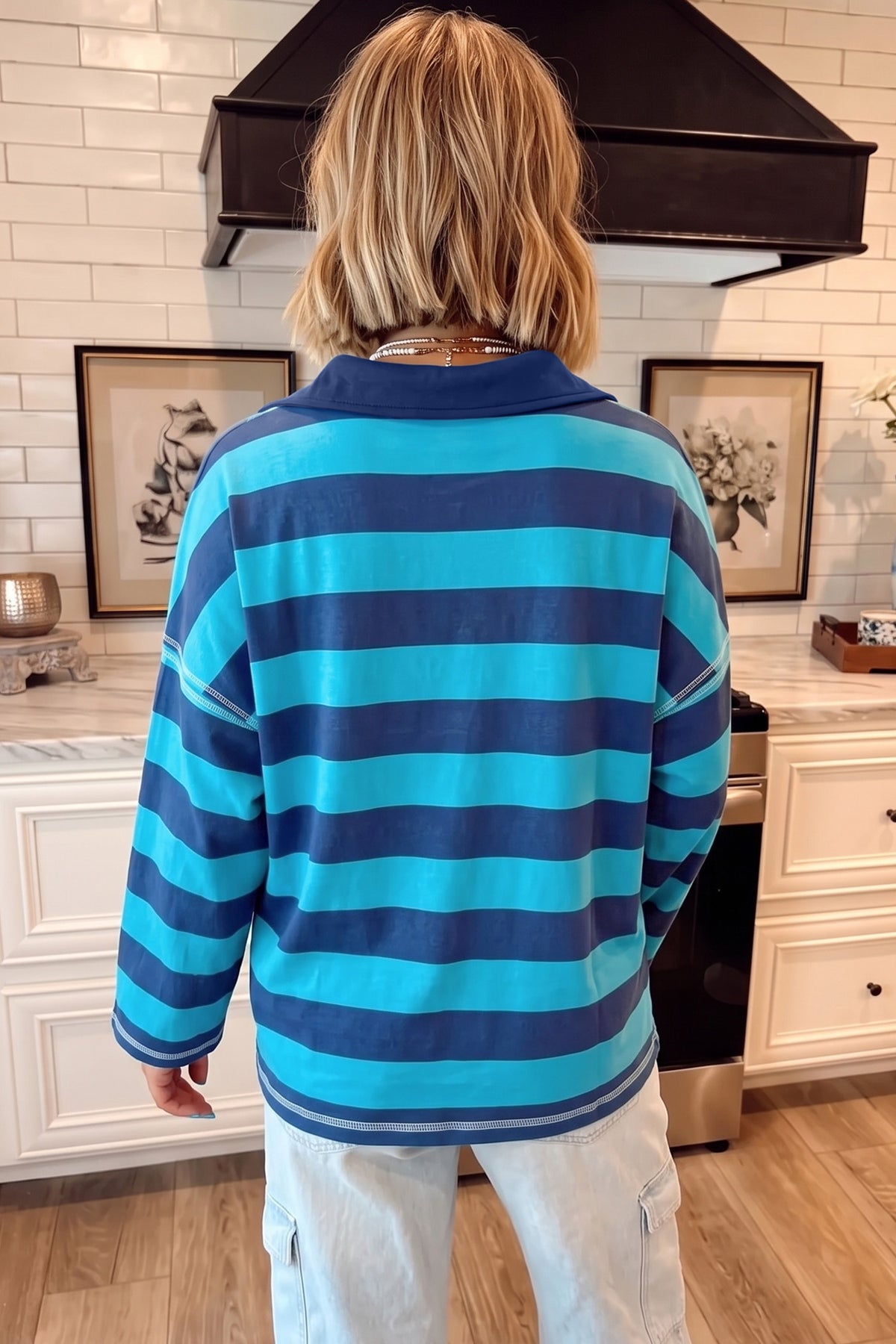 Blue Stripe Contrast Polo Collar Bracelet Sleeve Top