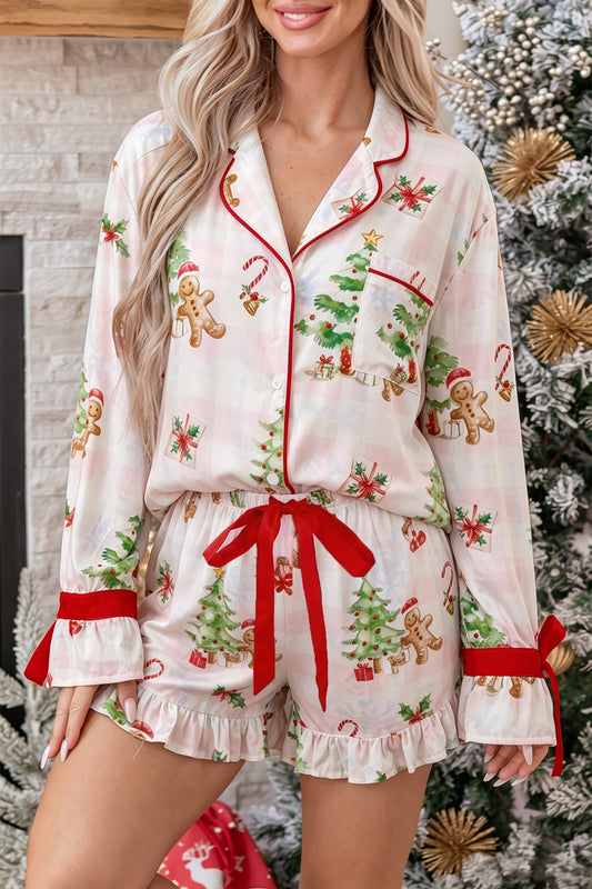 Pink Abstract Christmas Print Long Sleeve Shift Lounge Set