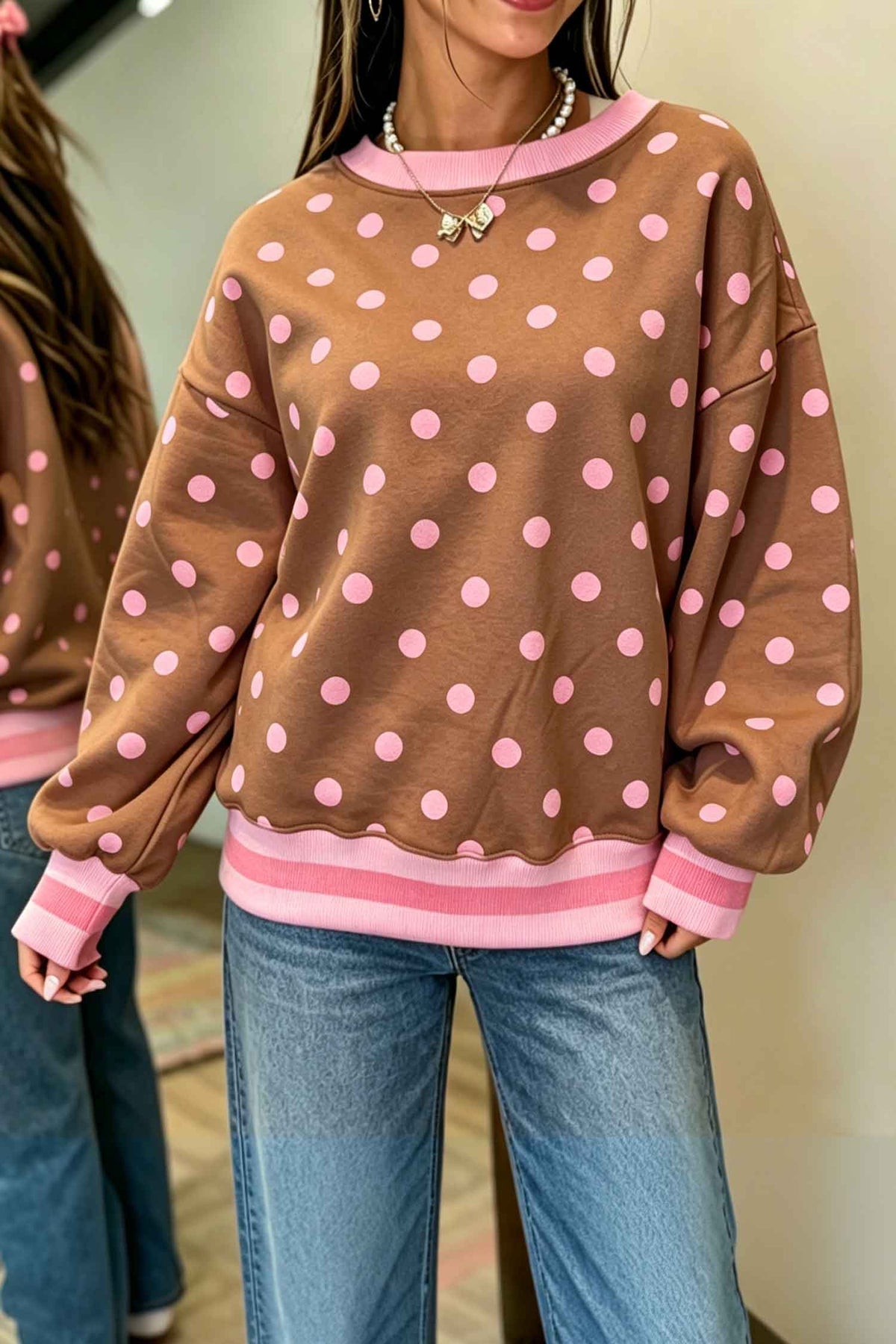 Pink Polka Dot Color Block Pullover Sweatshirt