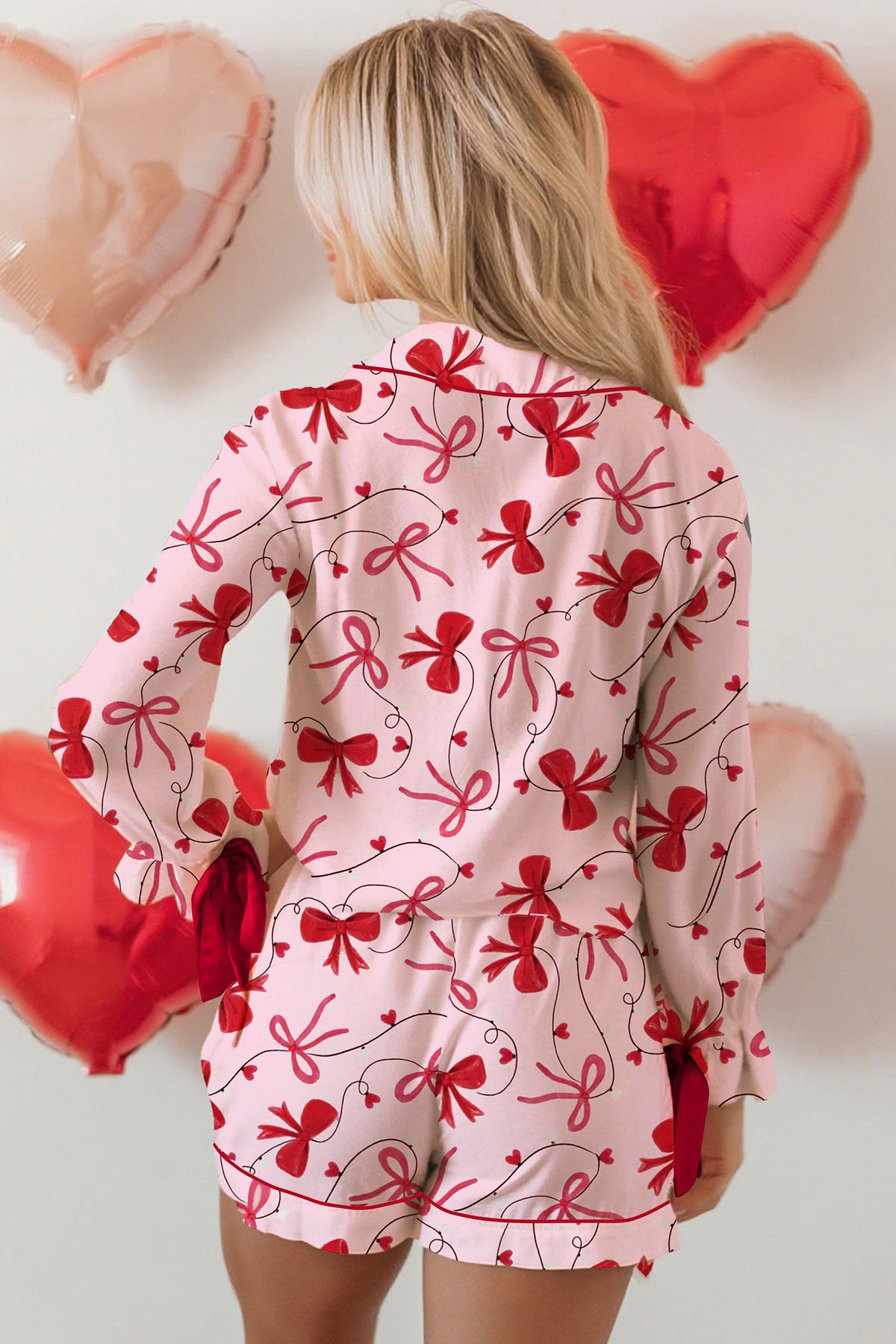 Red Bow Print Valentine Long Sleeve Shirt Shorts Pajama Set