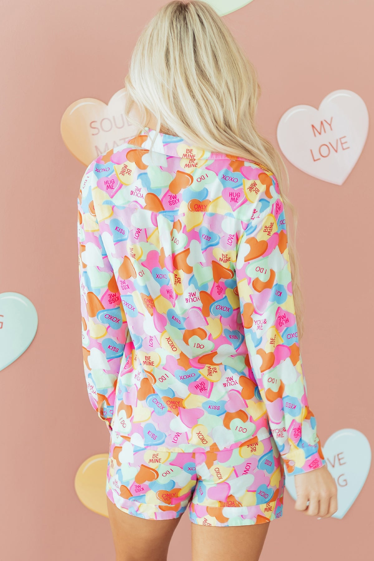 Pink Candy Heart V Neck Tunic Shirt and Shorts Pajama Set