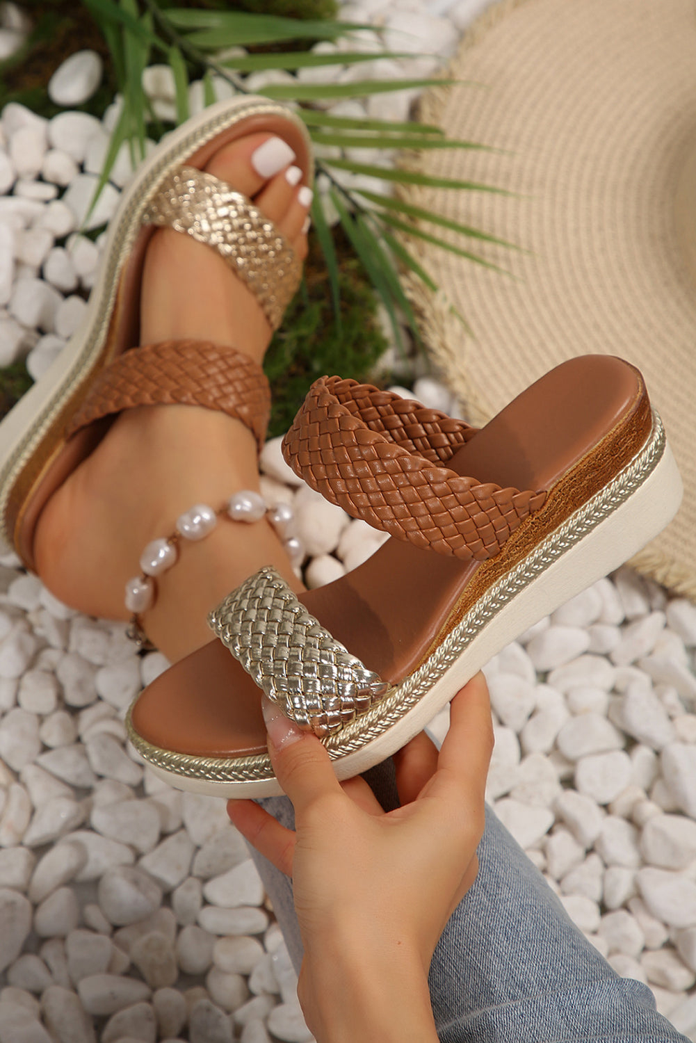 Gold Braided Dual Band PU Leather Wedge Sandals