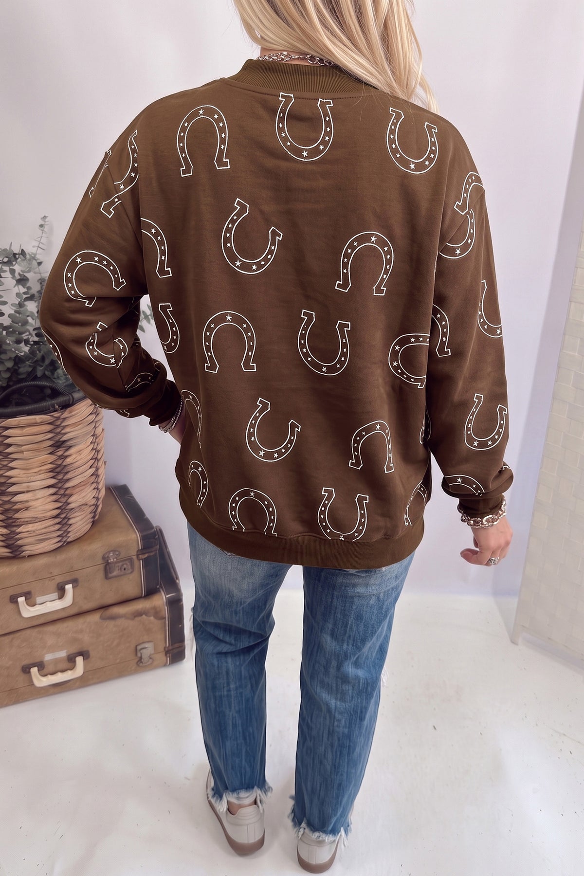 Blue Western Horseshoe Print Mock Neck Sweatshirt