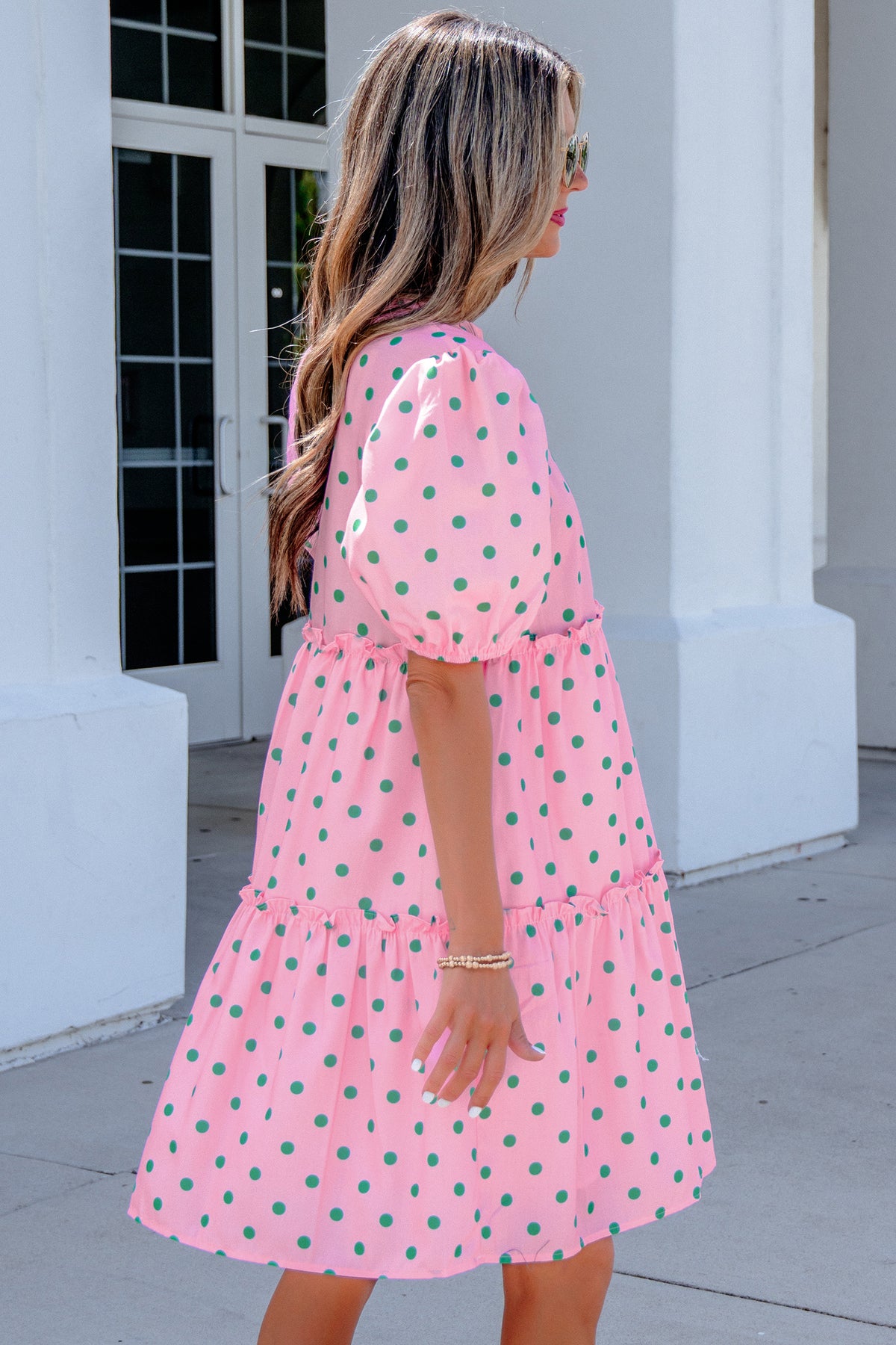 Pink Polka Dot V-Neck Mini Dress