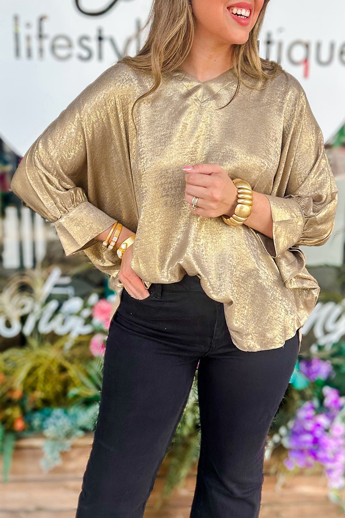 Parchment Metallic V Neck Button Cuffed Dolman Blouse