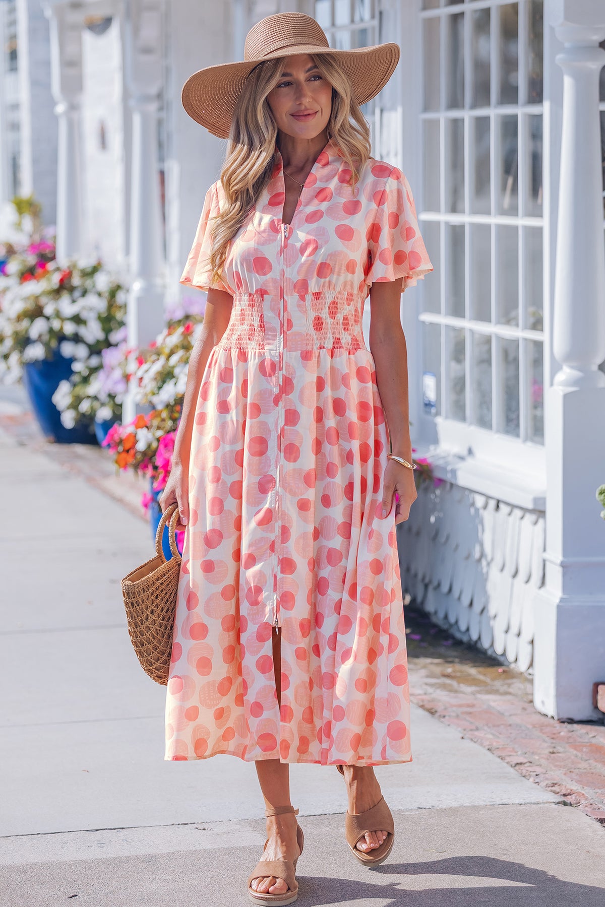 Pink Polka Dot Ruffle Maxi Dress