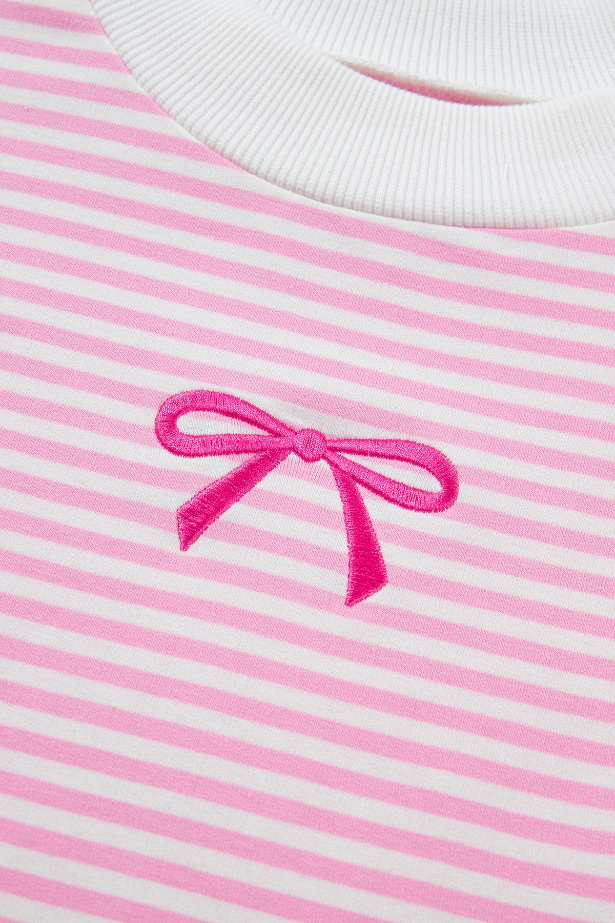 Pink Stripe Embroidered Bow High Neck Sweatshirt