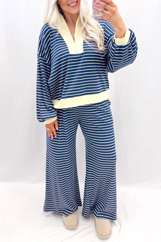Blue Stripe Color Block Patchwork Zip V Neck Pullover Pants Set