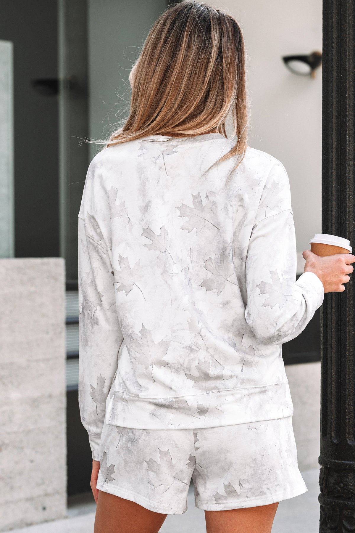 Women's Beige Maple Camo Print Pullover Top & Shorts Two-Piece Set