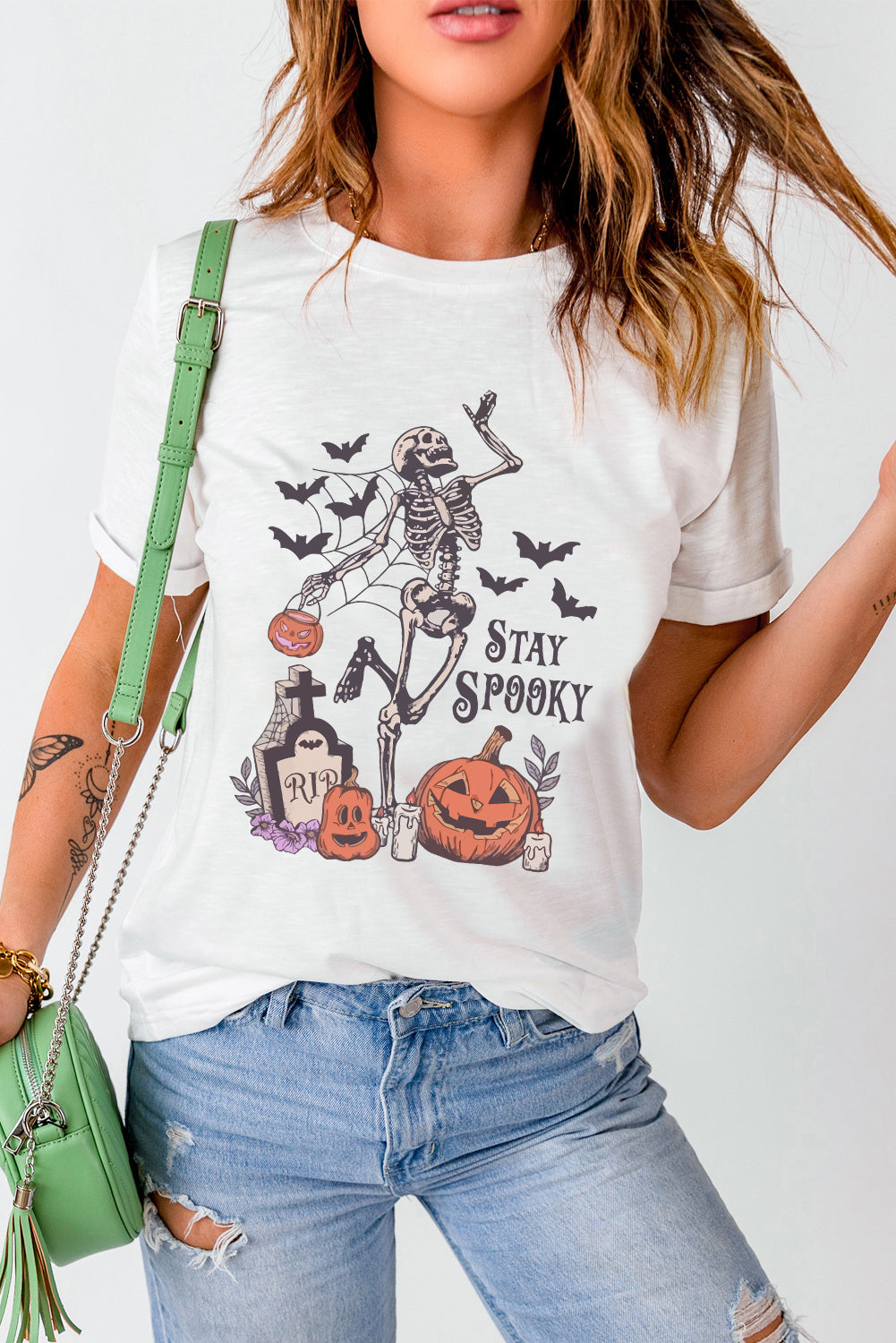 White Skull Pumpkin Face STAY SPOOKY Graphic Halloween T-Shirt