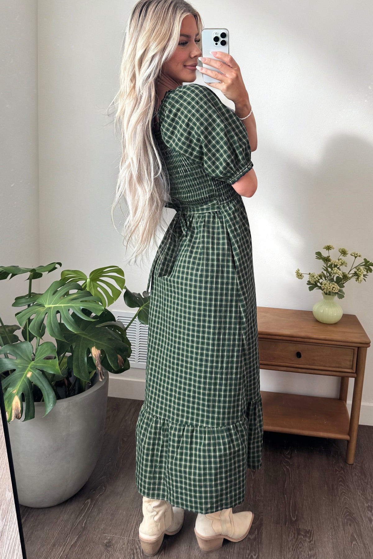 Green Plaid Ruffle Square-Neck Maxi Dress