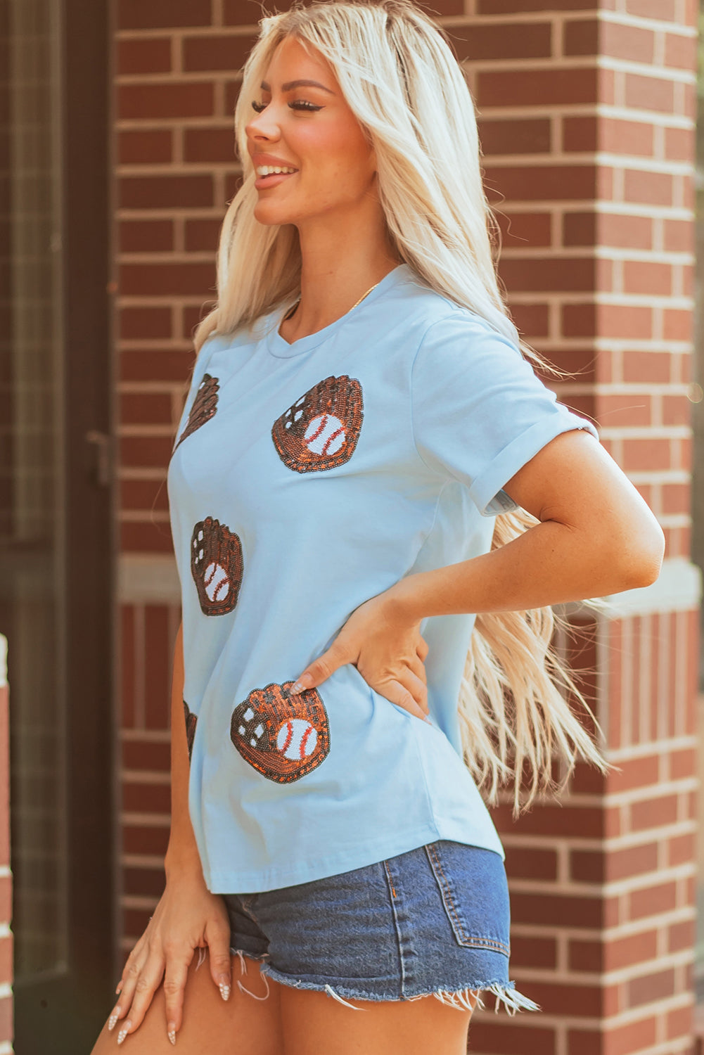 Light Blue Gopher Ball Sequin Patched Casual T-Shirt