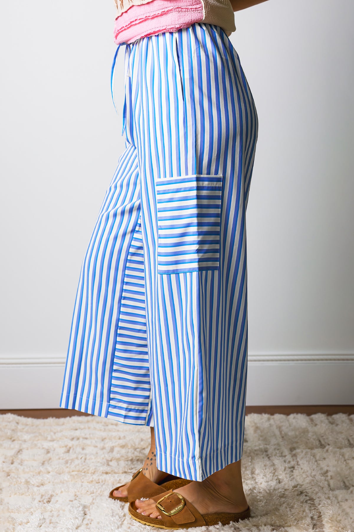 Sky Blue Stripe Drawstring Elastic Waist Patch Pocket Wide Leg Pants