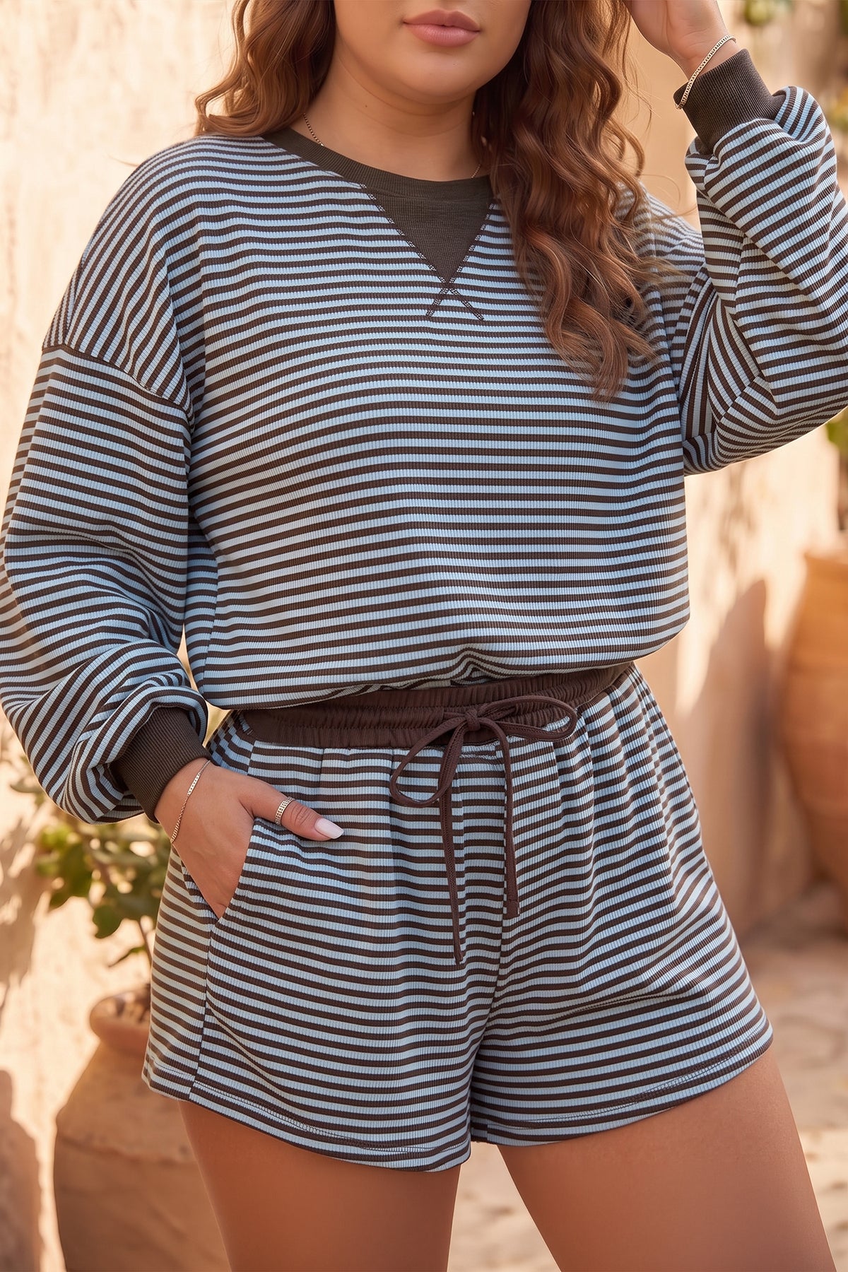 Brown Stripe Ribbed Color Block Plus Size Top and Shorts Set