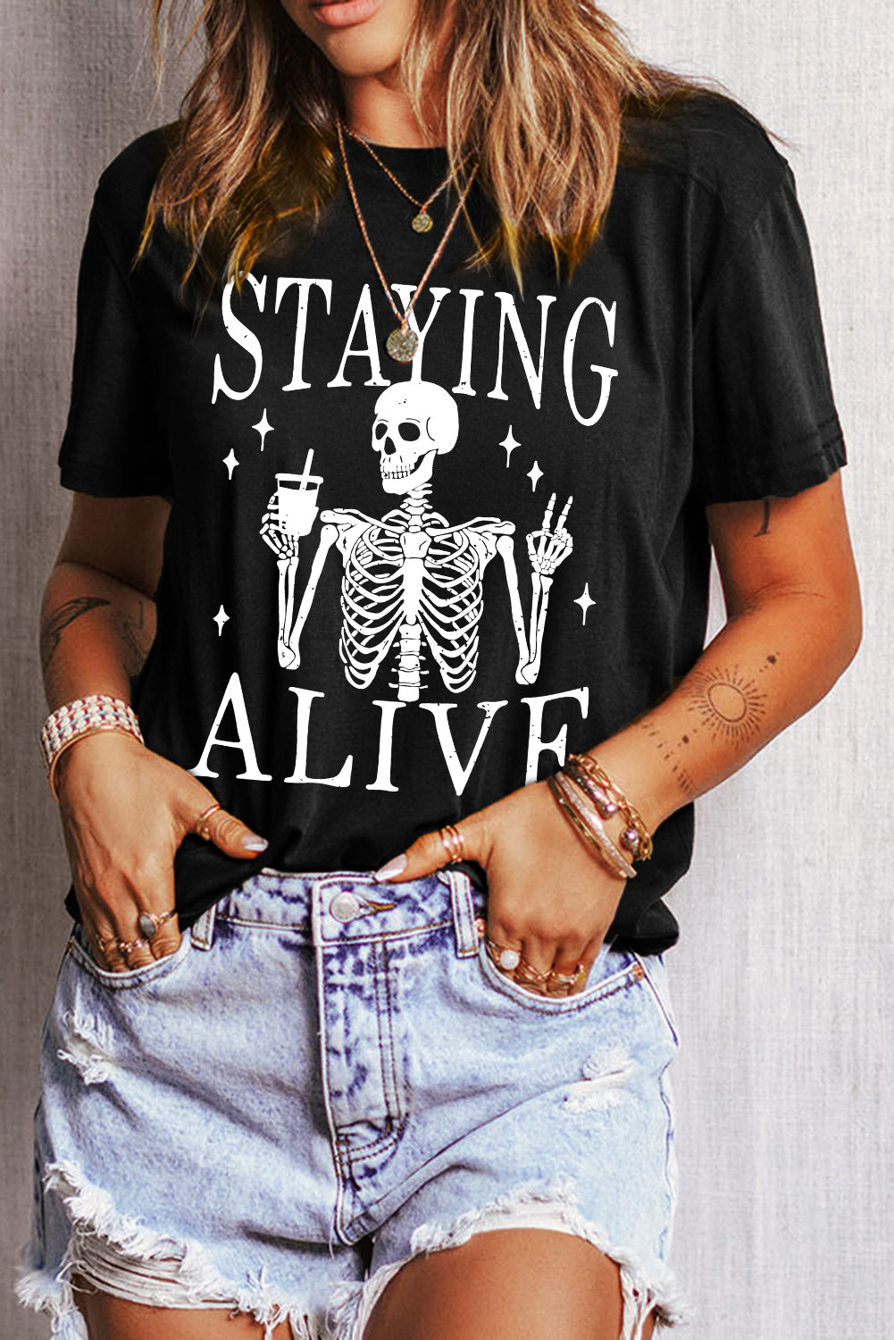 Black STAYING ALIVE Funny Skeleton Print Round Neck T-Shirt