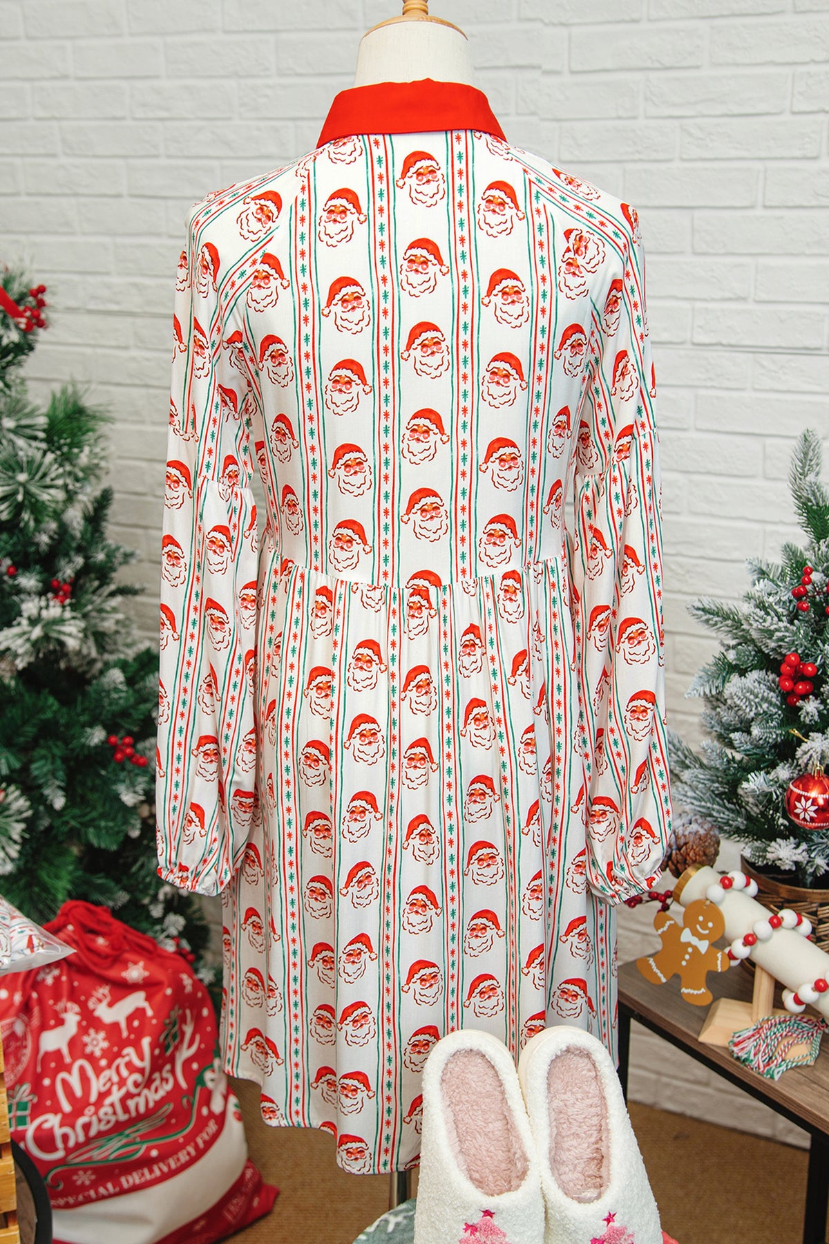 White Father Christmas Contrast Collar Long Sleeve A-line Mini Dress