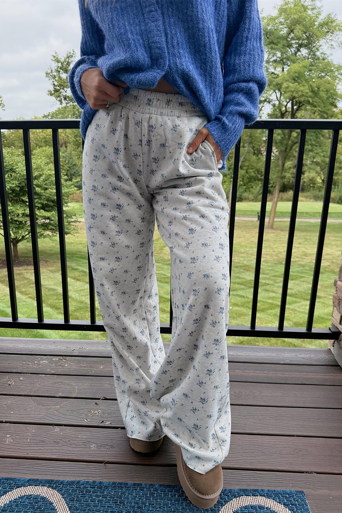 Gray Floral Print Elastic Waist Full-Length Regular Pants