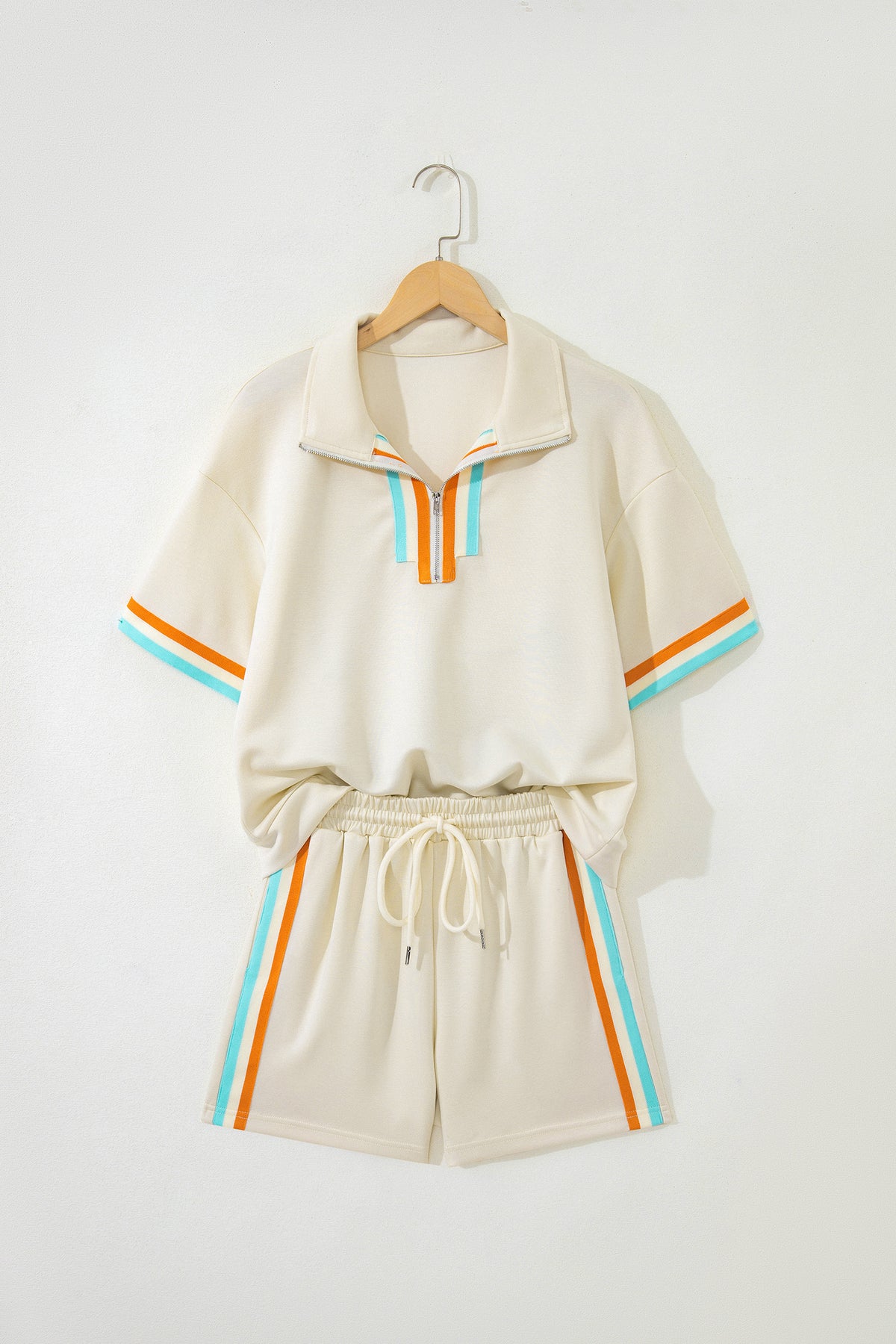 Women's Apricot Colorful Striped Detail Half Zip Polo Tee Shorts Set