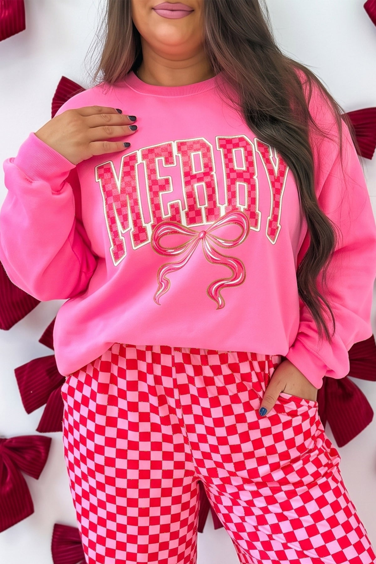 Bonbon Pink Checkered Christmas Slogan Plus Size Sweatshirt