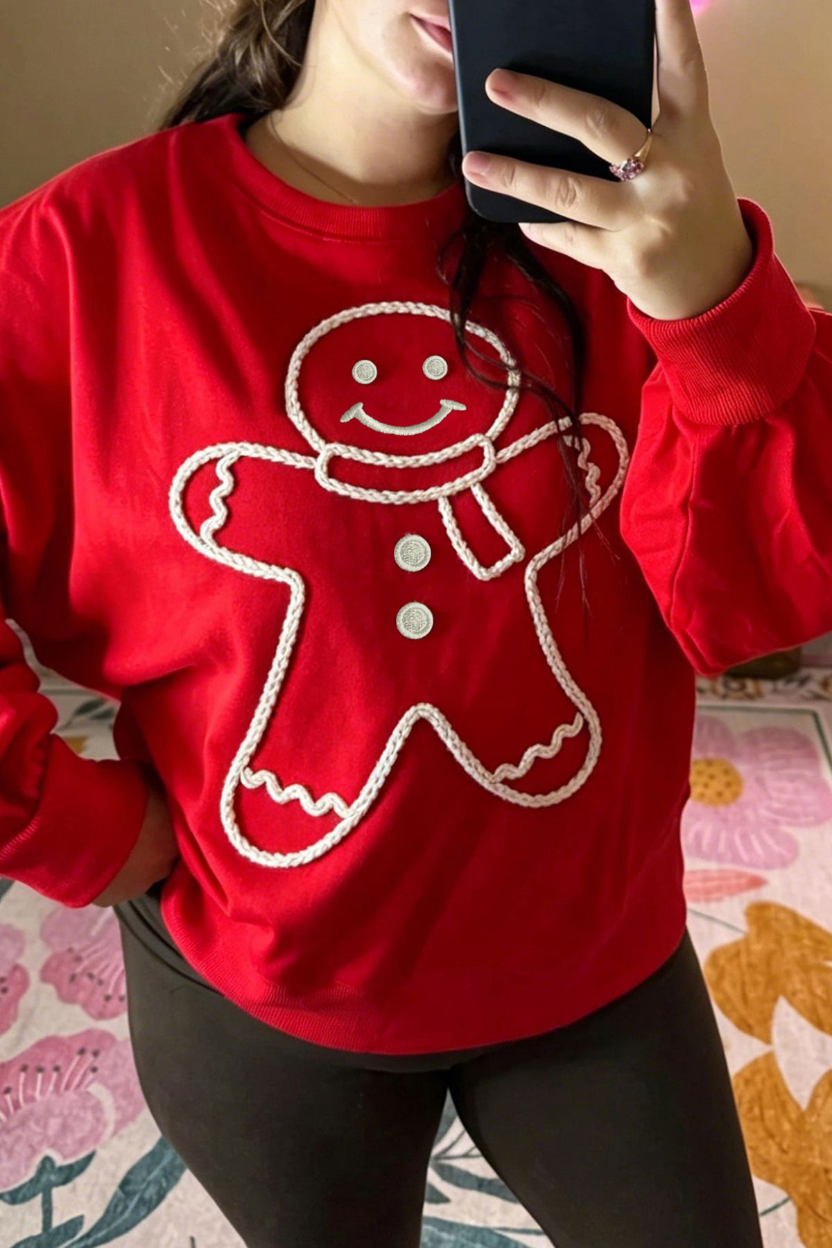 Fiery Red Christmas Embroidered Long Sleeve Loose Fit Sweatshirt