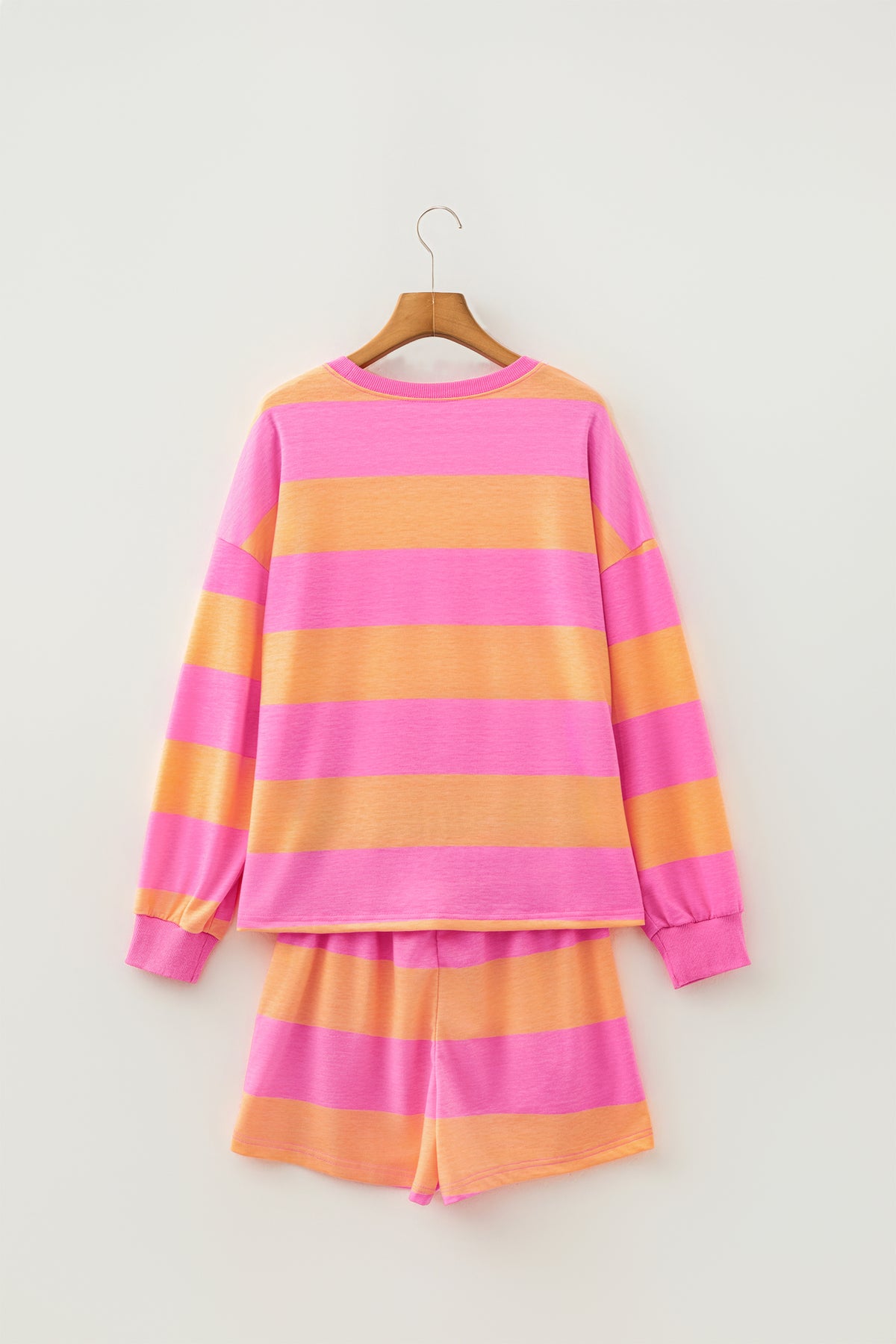 Women's Pink Stripe Long-Sleeve Casual Top Drawstring Shorts Two-Piece Set