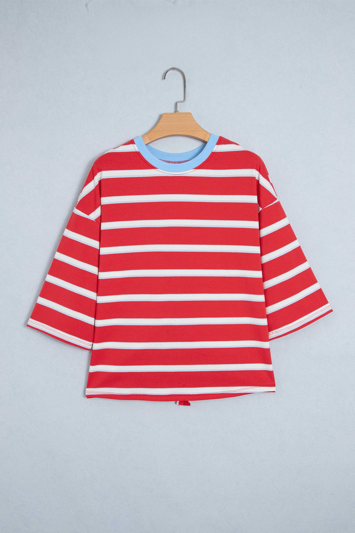 Racing Red Striped Bow Tie Hollowed Back 7/8 Sleeve T-Shirt