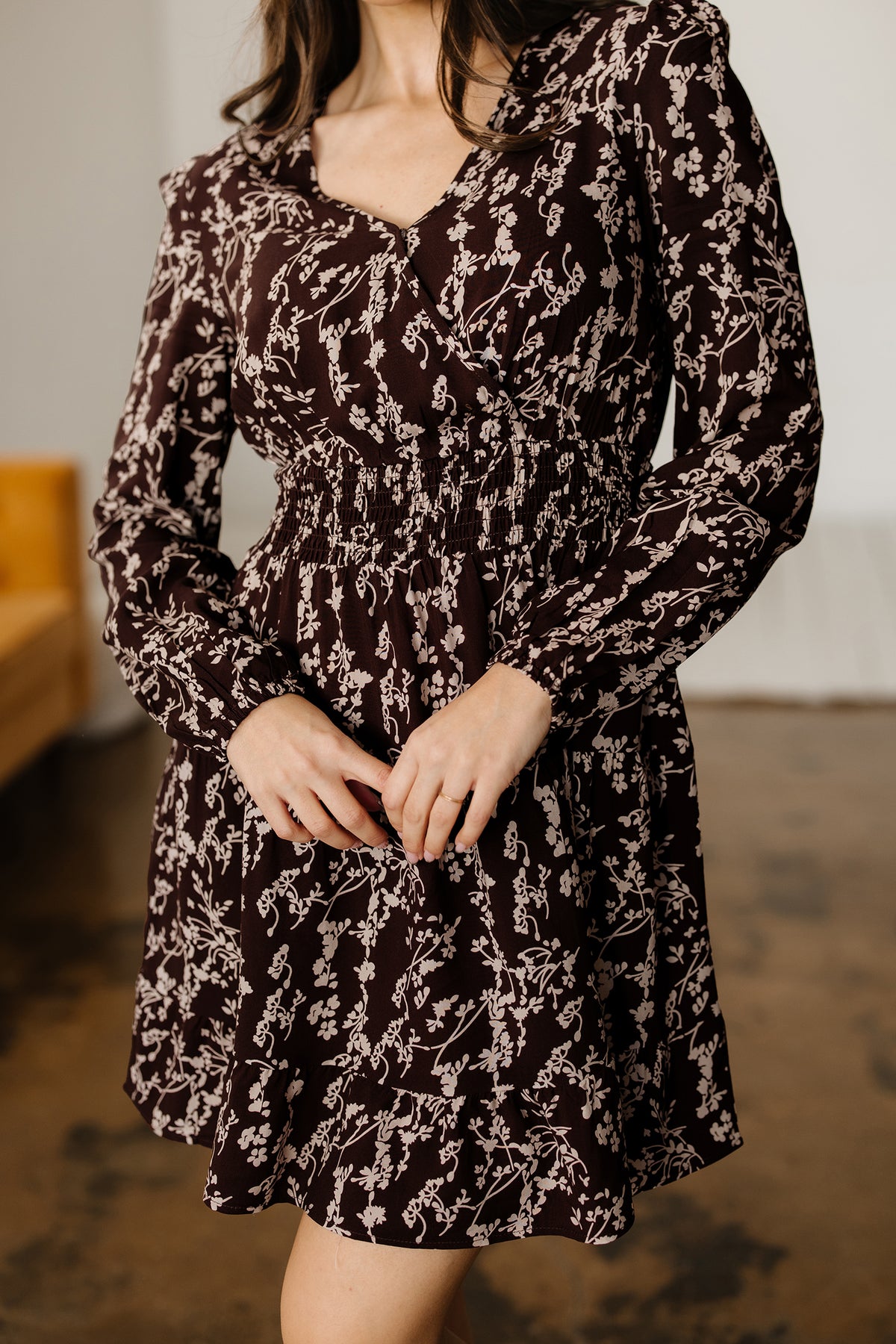 Brown Ditsy Floral Split Neck Shirred Waist Flared Mini Dress