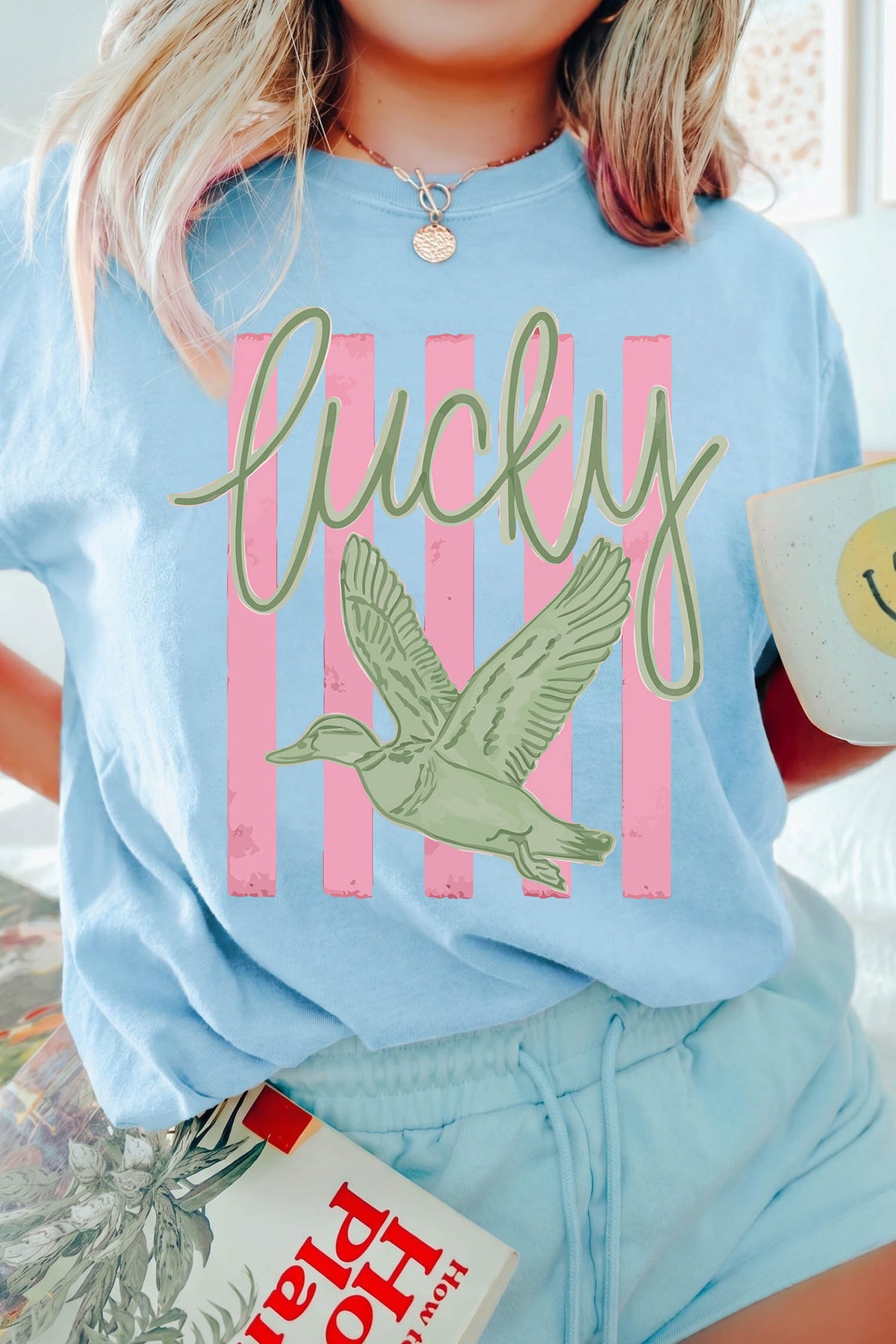 Light Blue Lucky Duck Print Casual Round Neck T-Shirt