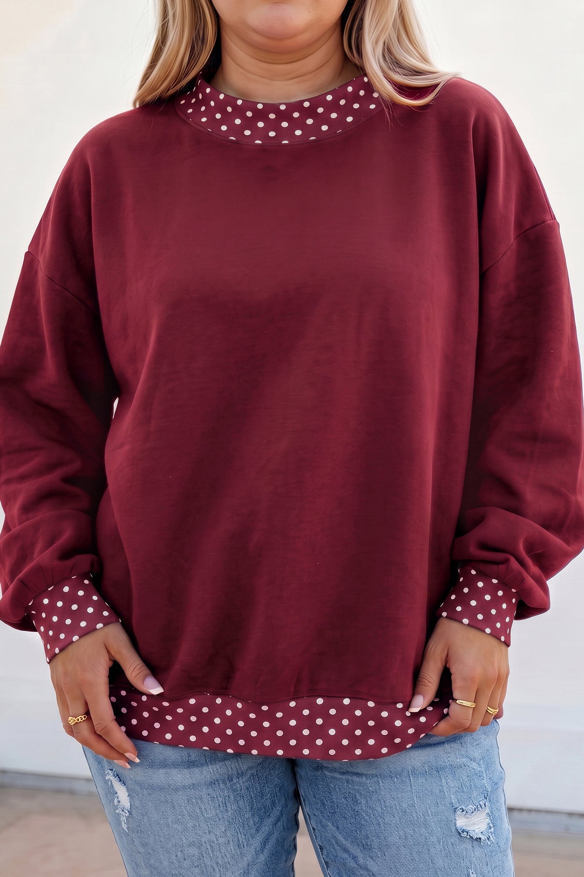Brown Polka Dot Patchwork Round Neck Plus Size Sweatshirt