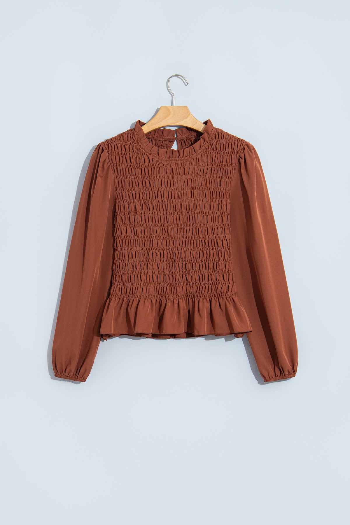 Coffee Solid Color Smocked Ruffle Hem Blouse