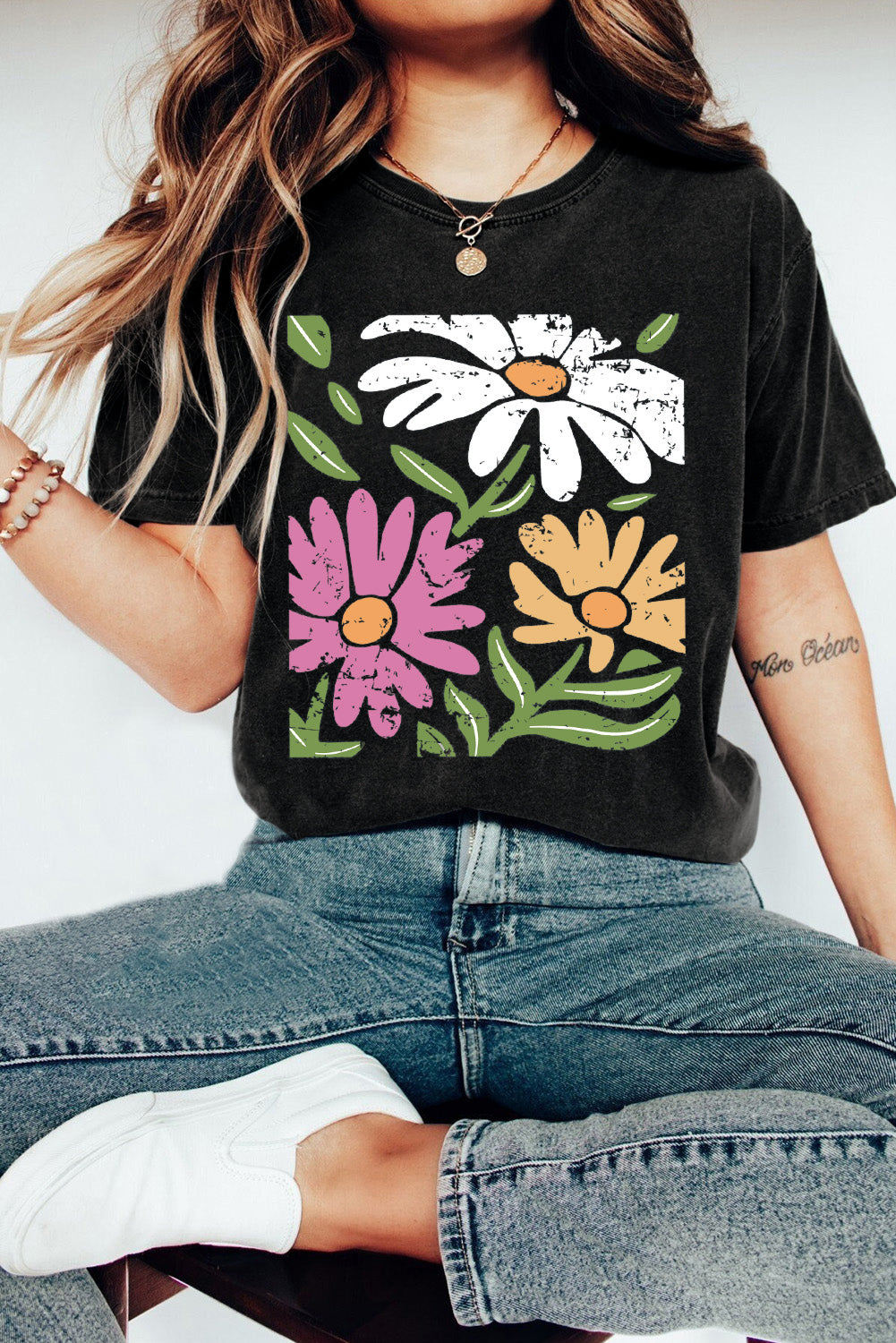 Black Retro Floral Print Crew Neck Casual T-Shirt