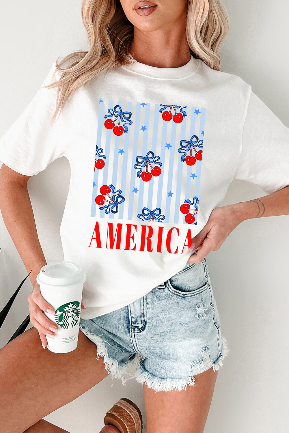 White Bow Cherry AMERICA Graphic Crewneck Patriotic T-Shirt